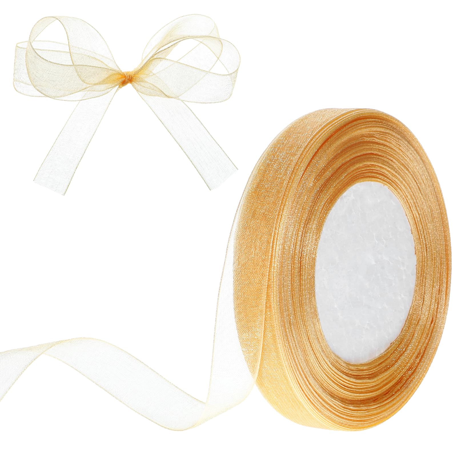 Apausvcm Gold Ribbon for Gifts Wrapping, 45m Sheer Organza, 1.5cm Chiffon, Thin Tulle for Flower Bouquet, Wedding, Birthday Decoration, Crafts, Present