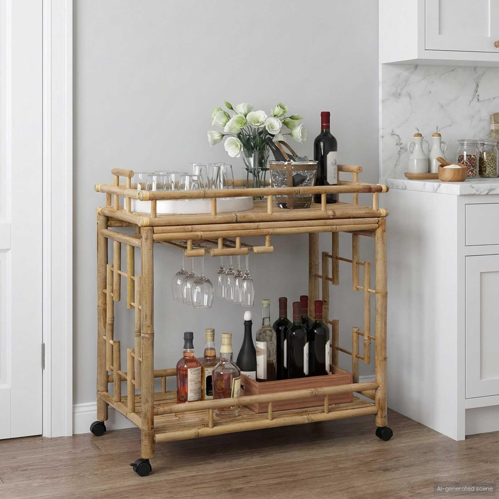 vidaXL Carro de Vino con Ruedas Natural 85 x 50 x 93 cm Bambú, Carrito Rectangular para Bebidas en la Cocina, Trolley Ligero para Vino, práctico y móvil