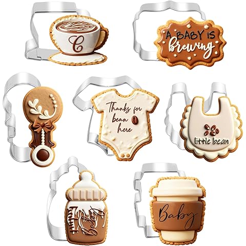 7Pcs Coffee Baby Shower Cookie Cutters Set Biscuit Cutter A Baby is Brewing Stainle...