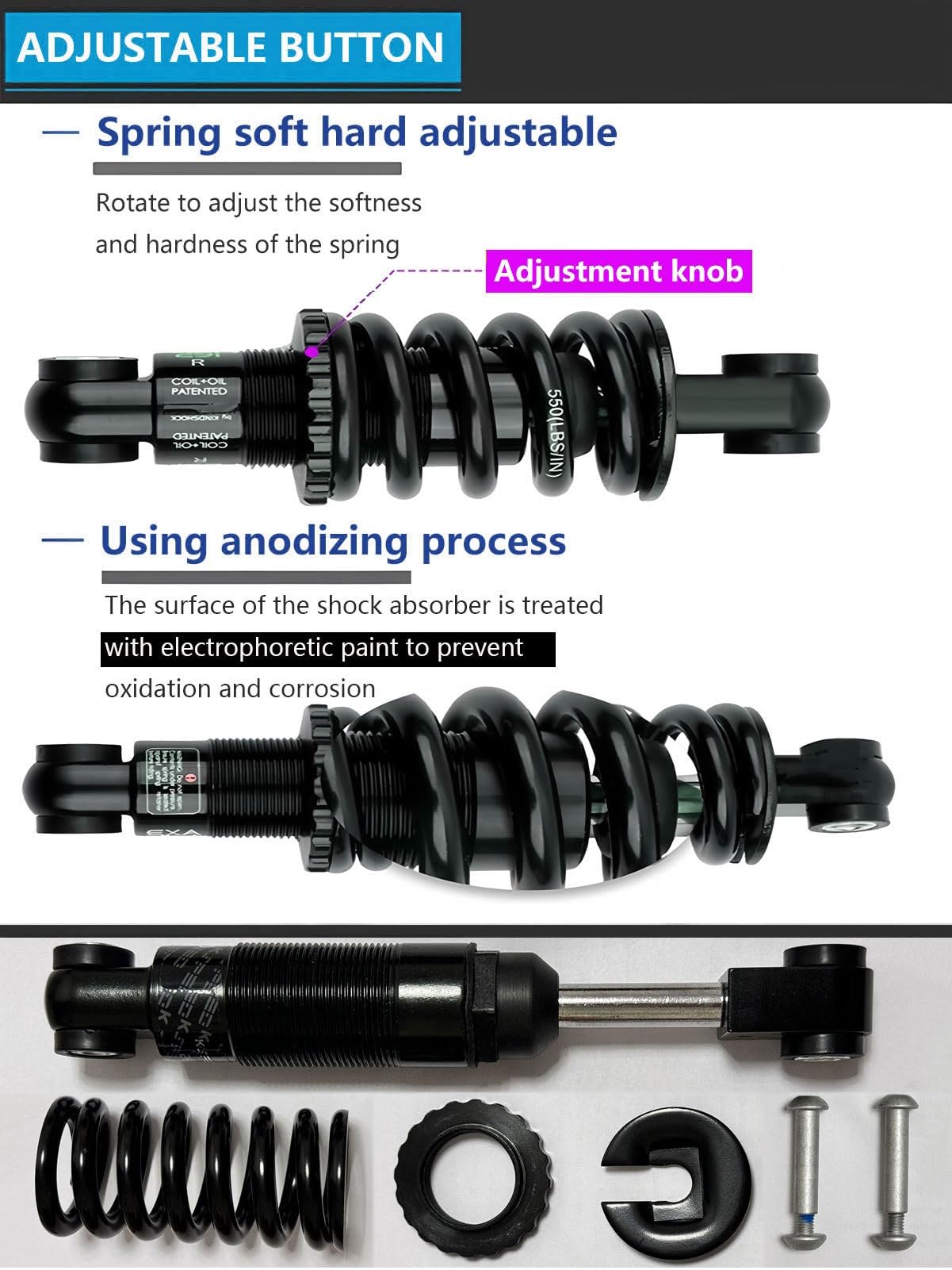 AuroraXQ Amortiguador Trasero Bici Montaña 125/150/165/190mm Suspensión MTB para E-Bike Bicicletas Plegables y Scooters(190mm,450 Lbs)