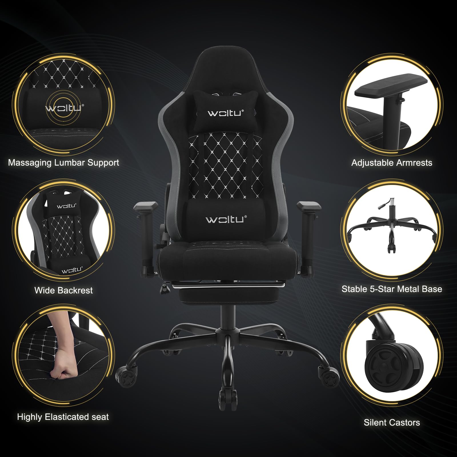 WOLTU Sedia Gaming con Massaggiatore, Poltrona Ufficio Ergonomica, Sedia da Scrivania reclinabile, Poggiatesta,Supporto Lombare, 150 kg, Tessuto tecnologico, Nero+Grigio