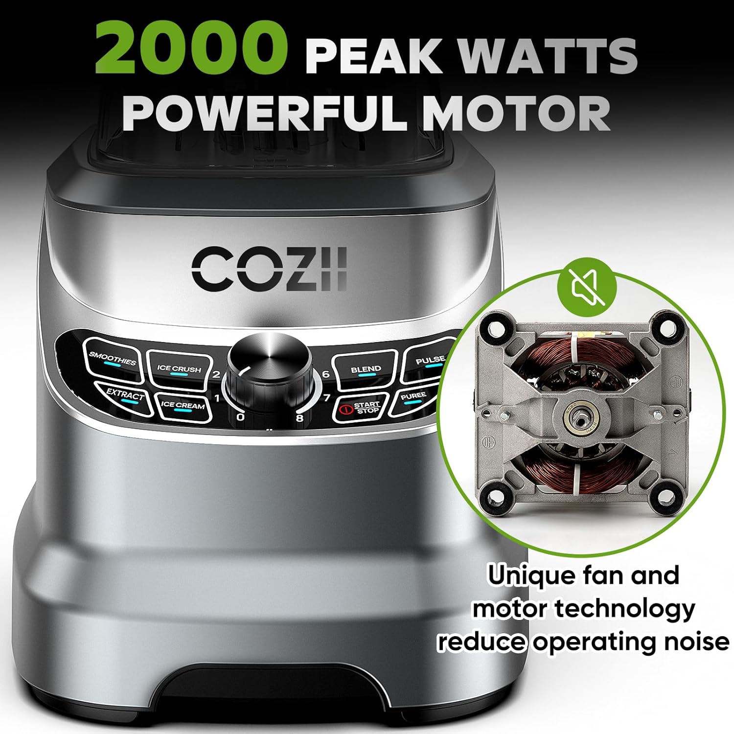 Close-up of the COZII blender's motor base, highlighting its 2000 Peak Watt powerful motor
