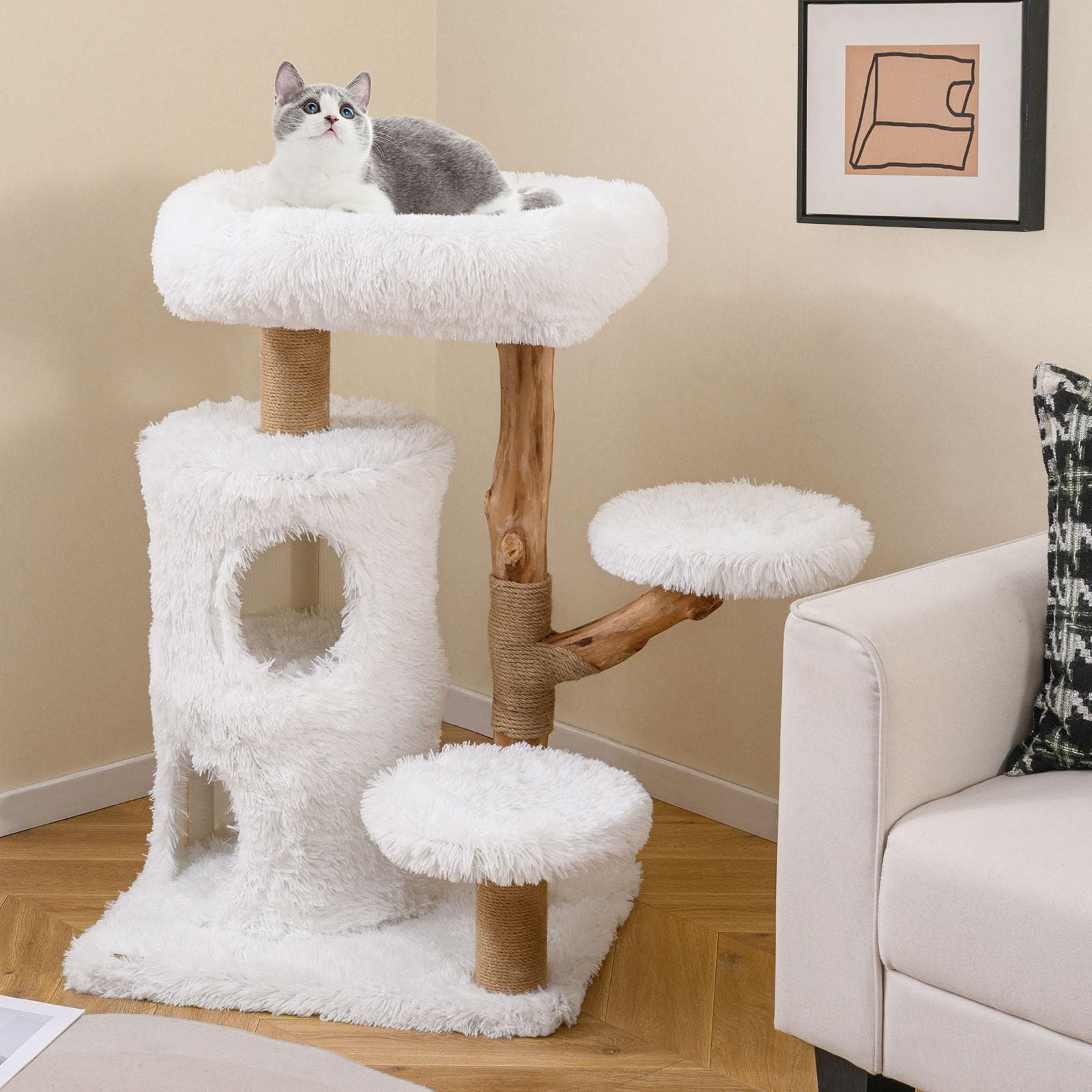 COSTWAY Arbre a Chat Bois de Poirier 93 cm, Condo à 2 Niveaux, 3 Poteaux à Griffer en Jute, 4 Plateformes, Arbre à Chat Maine Coon, Base Épaisse à 2 Couches, Cushion Amovible (93 cm,Blanc+Naturel)