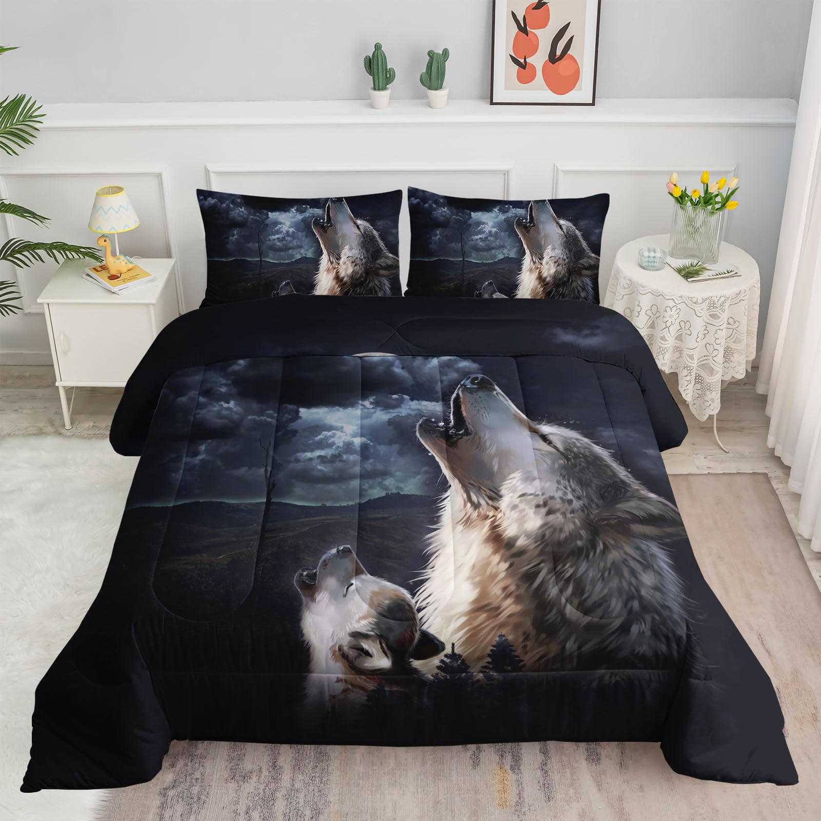 Datura home Storm Wolf Kids Comforter Bedding Set for Boys Girls,Watercolor Wolf Dark Clouds Wild Animal Comforter with 2 Pillowcases(Storm Wolf Twin)