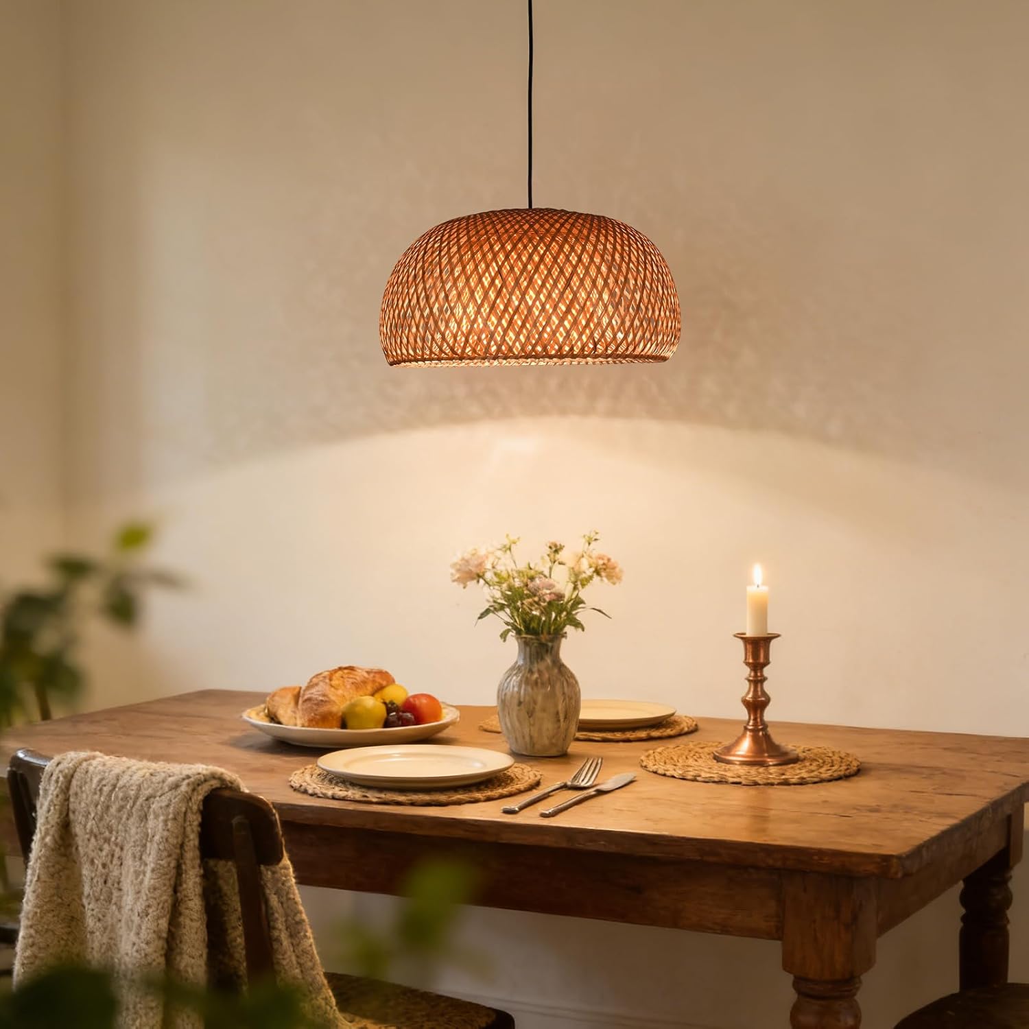 ARTZONE 18''W Handmade Woven Bamboo Pendant Light Fixture, Adjustable Boho Basket Chandelier for Kitchen Island Farmhouse Dining Room Bedroom
