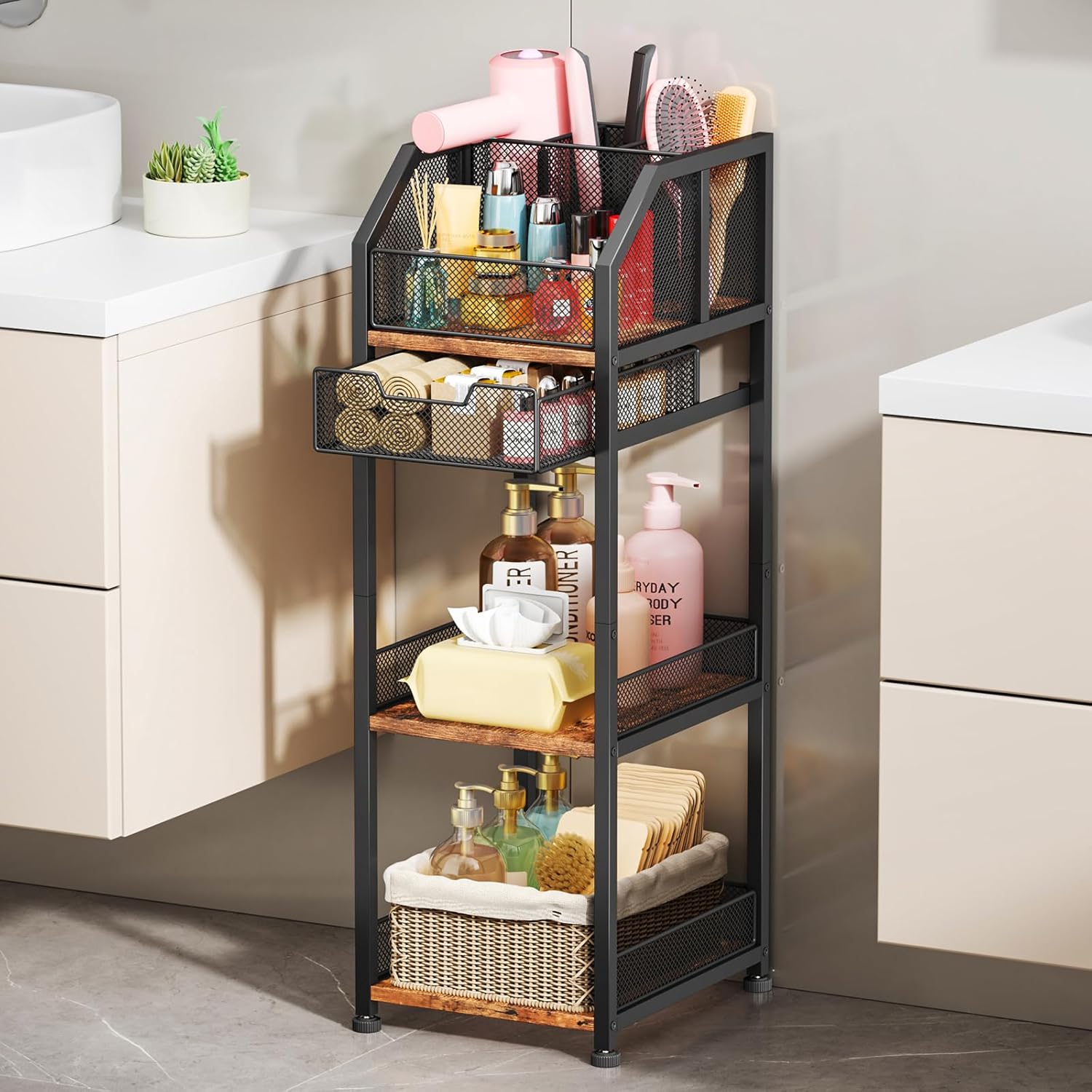 SWTYMIKI 4-Tier Hair Tool Organizer - Bathroom Storage Shelf with Drawer & 3 Grids, Versatile Hair Dryer Holder for Cosmetic Hair Accessories Curling Iron Blow Dryer Straightener, Black