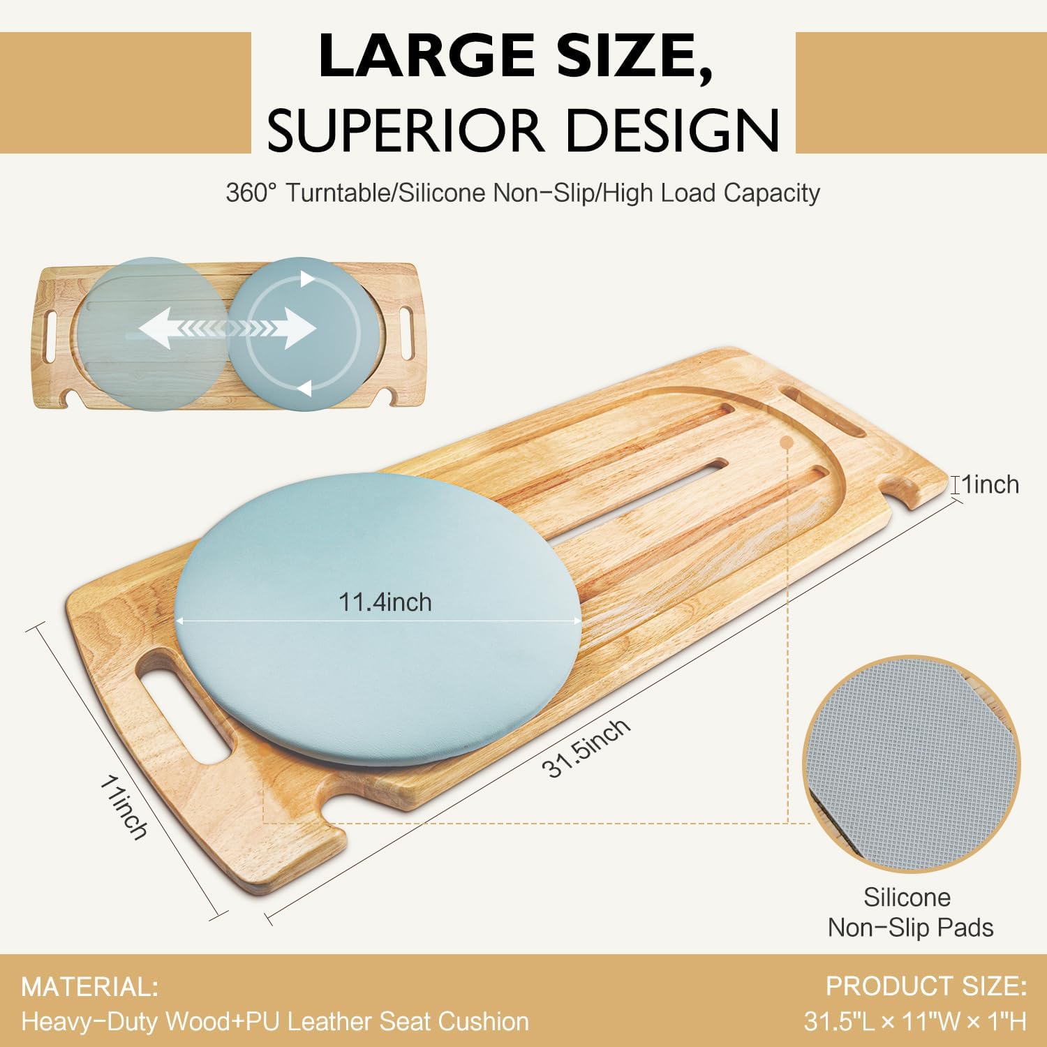 slide transfer board with track pulley & 360° turntable, heavy-duty sliding board, 500 lb capacity, wooden transfer aid for seniors & disabled, bed, wheelchair, car & toilet, 31.5 x 11 x 1 in