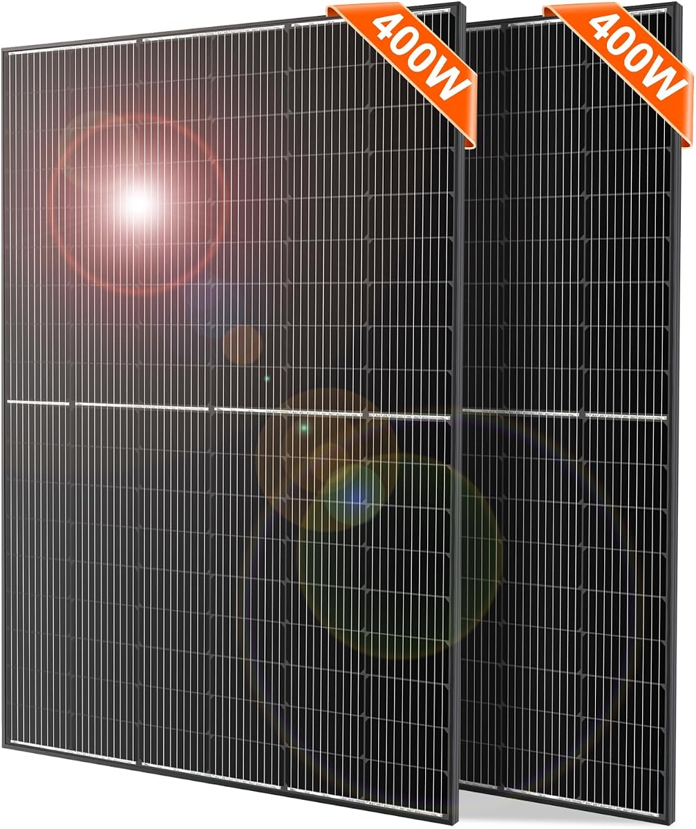800W Solar Panels, 2-Pack of 400W, 31V, for 12V/24V Systems | Two 400W monocrystalline panels, each with a 9.84 ft lead; for yards, sheds, cabins, patios, and off-grid systems