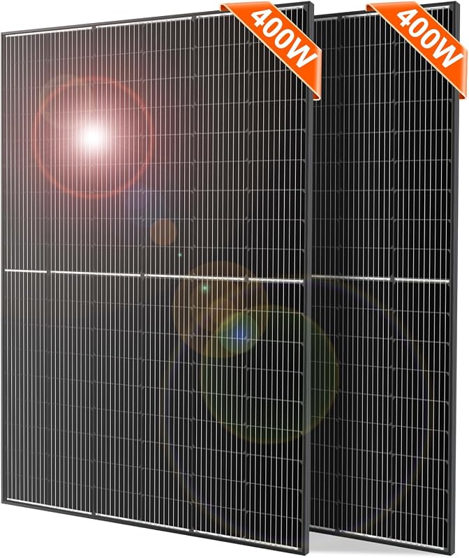 800W Solar Panels, 2-Pack of 400W, 31V, for 12V/24V Systems | Two 400W monocrystalline panels, each with a 9.84 ft lead; for yards, sheds, cabins, patios, and off-grid systems