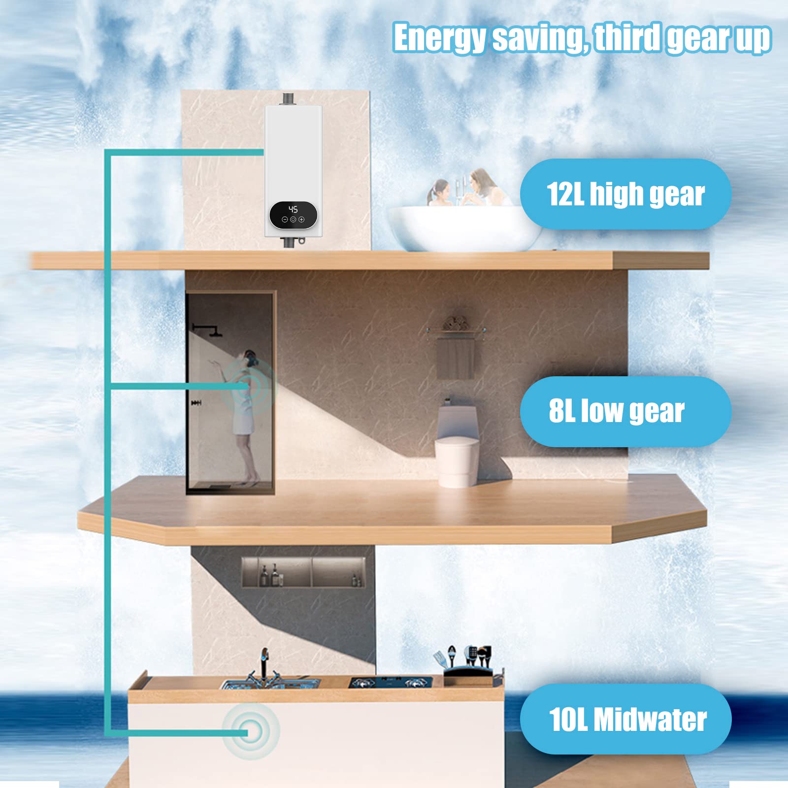 Calentador de agua eléctrico sin depósito, 220 V, 3500 W, con indicador LED para baño y cocina