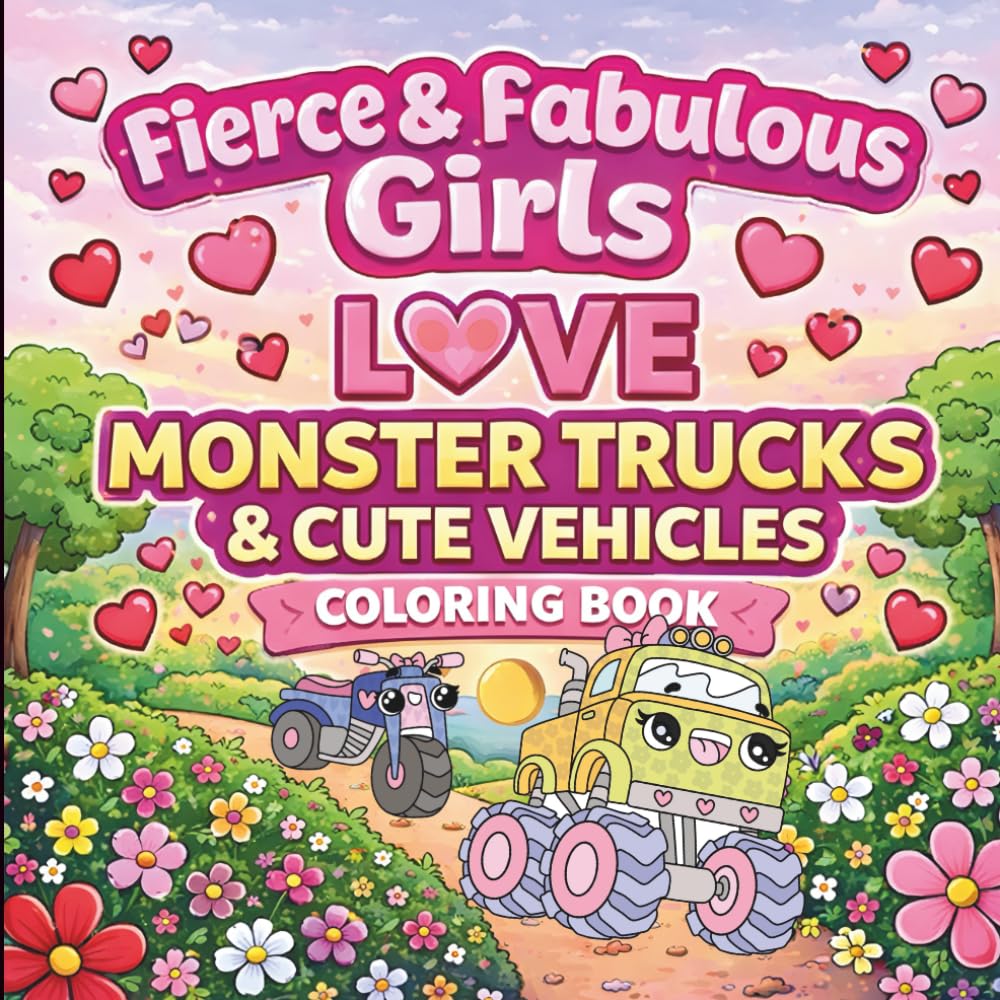Fierce & Fabulous Girls Love Monster Trucks & Cute Vehicles Coloring Book: A Valentine Coloring Book for Girls Who Love Trucks & Cute Cars