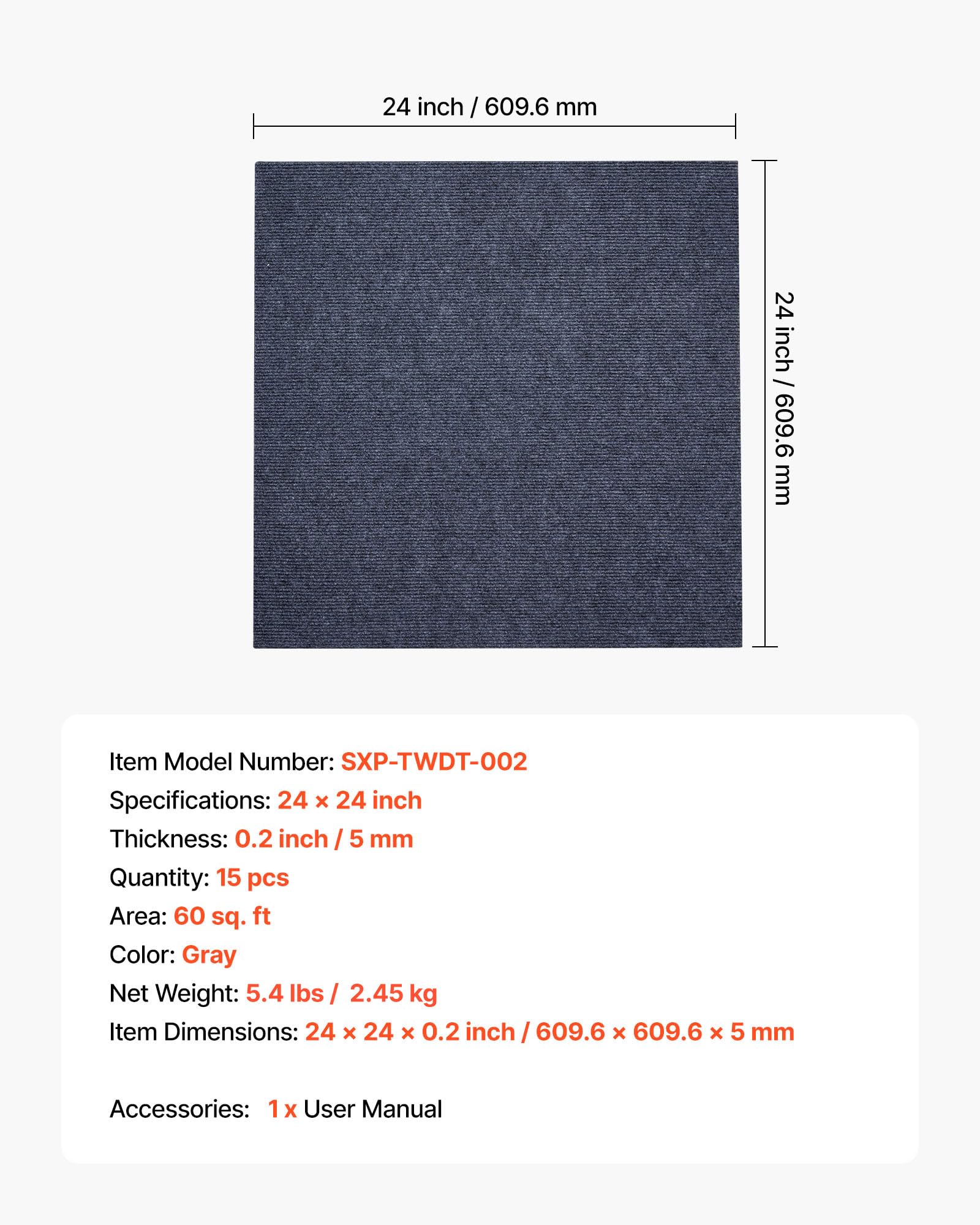 VEVOR Płytki dywanowe 609,6 x 609,6 x 5 mm, 15 sztuk, samoprzylepne wykładziny podłogowe o powierzchni 5,5 m², łatwa wymiana "zrób to sam" do salonu i biura, szare