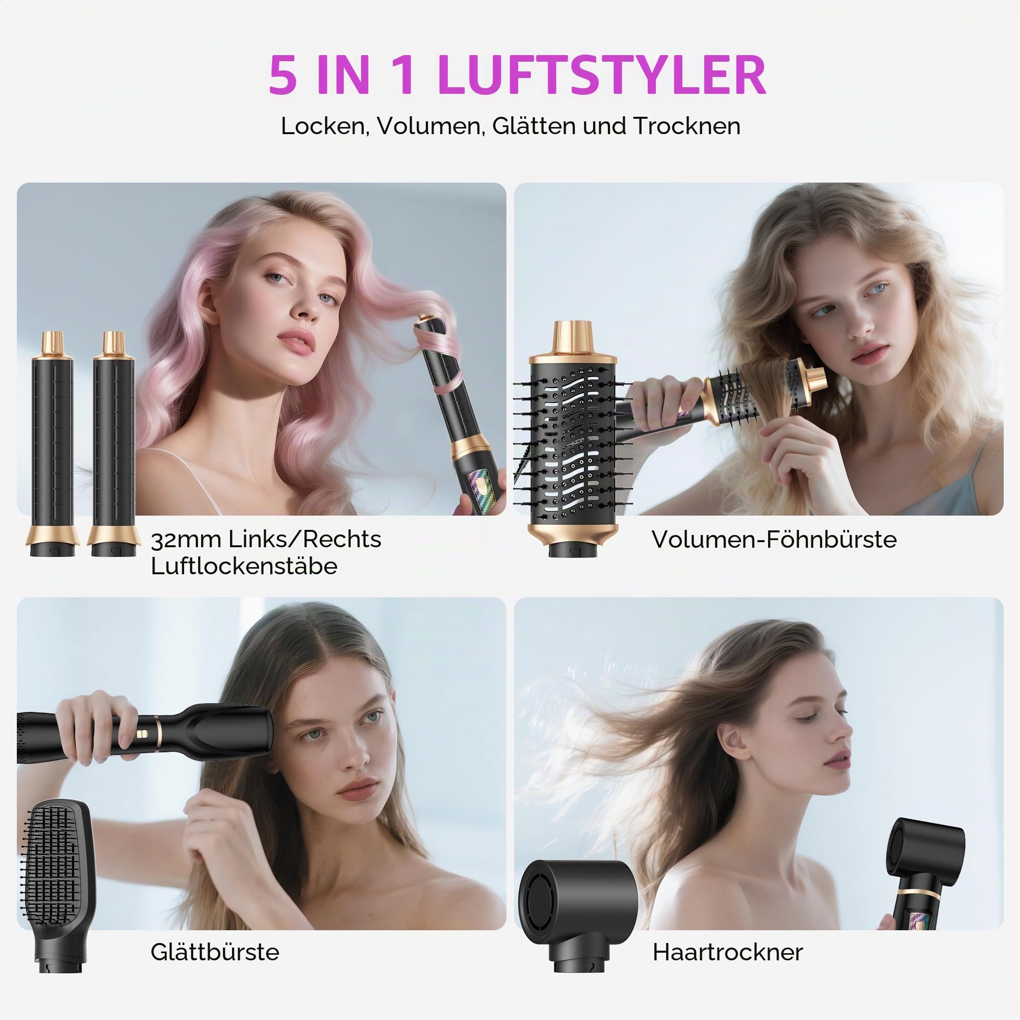 UKLISS Airstyler 5 in 1 Hairstyler Set, Pro Föhnbürste Set, Ionen Haartrockner Haarstyler mit 32mm Auto-Lockenstab Wrap | für Volumen, Trocknen, Glätten & Locken für Alle Haartypen