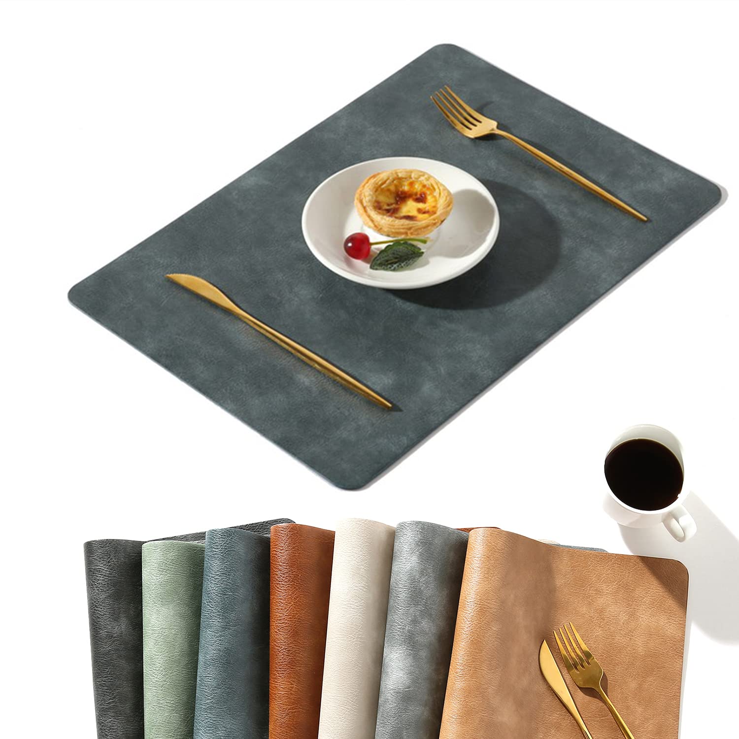 Univo Colors Washed Cowhide Pattern PU Leather Placemats Set of 4 Heat Resistant Kitchen Table Mats, Waterproof Wipeable for Party Decoration(Blue)