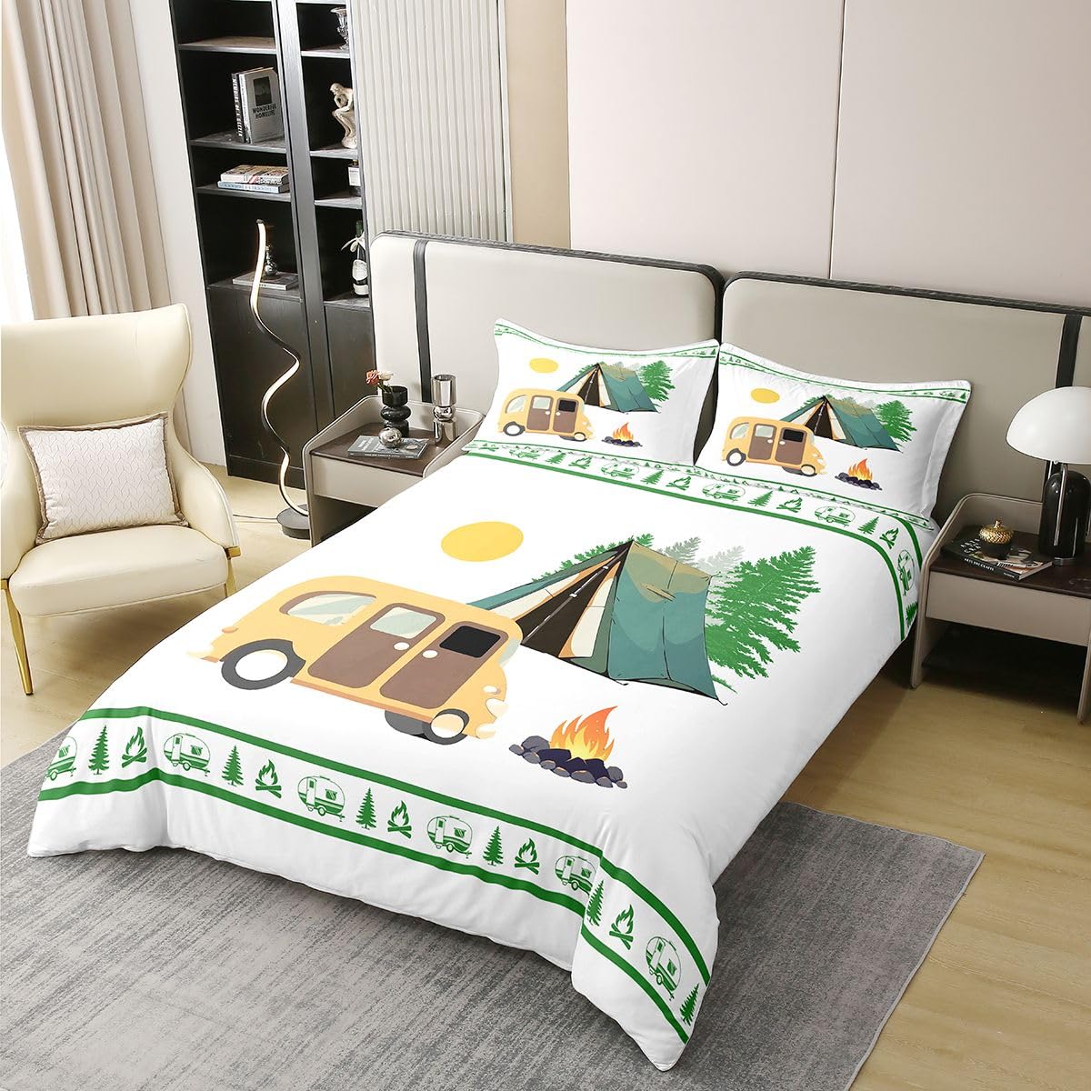 Homewish RV Happy Camping Pościel Pojedynczy Camper Decor Coton Poszewka Na Kołdrę Rustykalny Dom Wiejski Poszewka Na Kołdrę Sosna Ognisko Zestawy Łóżek Zielona Biała