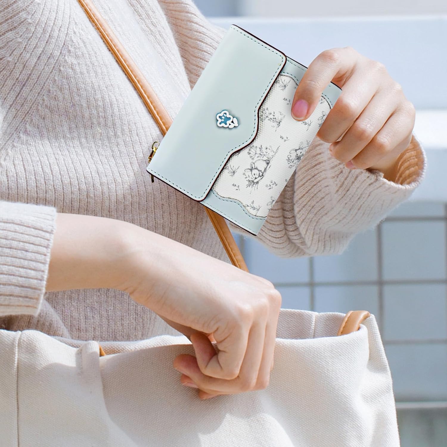 Andiker Small Wallet for Women, Trifold PU Leather Zipper Wallet, Rabbit and Floral Decoration Cute Coin Purse (Blue) - Image 5