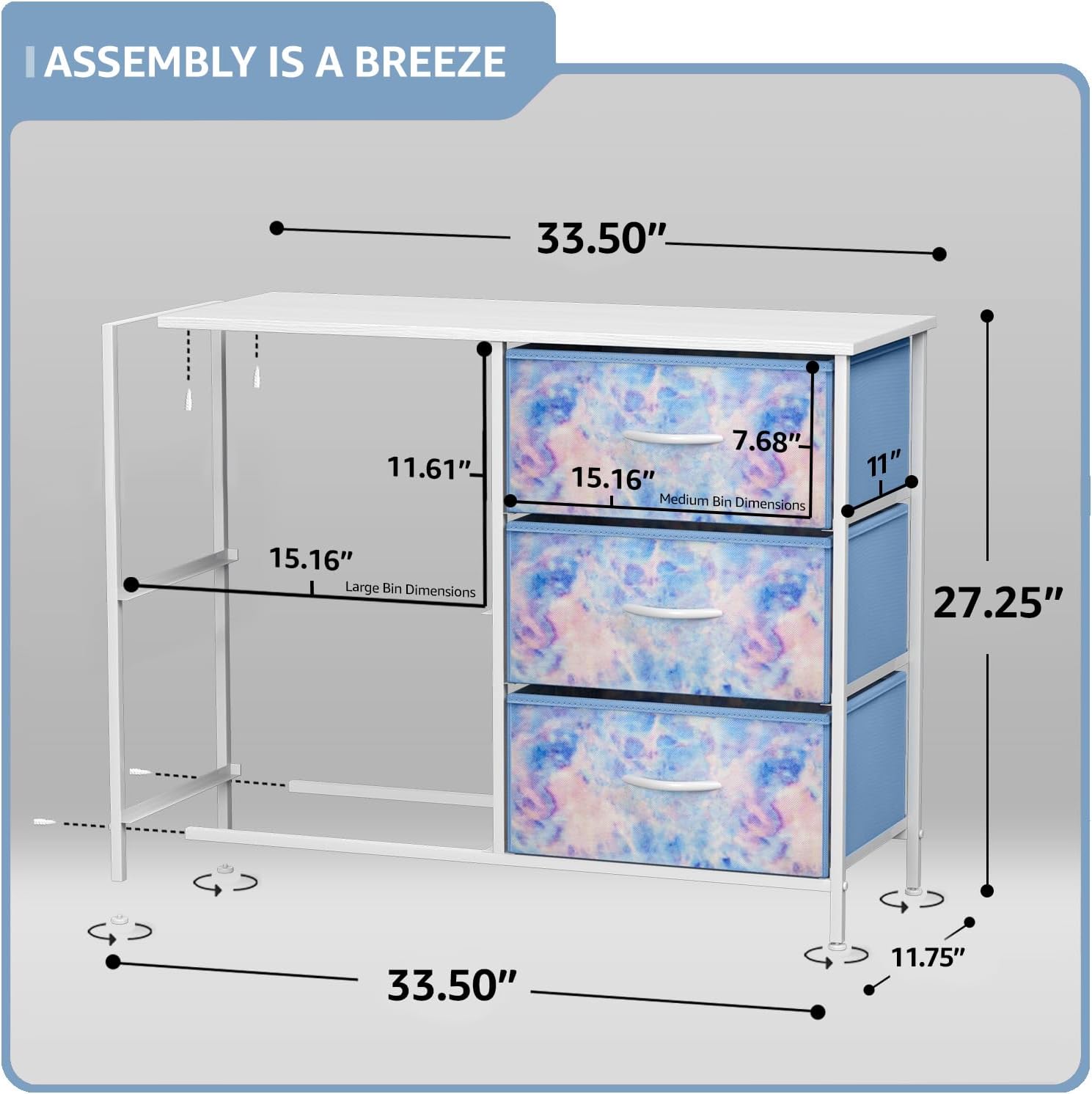 Sorbus Dresser with 5 Drawers - Bedside Furniture & Night Stand End Table Dresser for Home, Bedroom Accessories, Office, College Dorm, Steel Frame, Wood Top (Tie-Dye Blue)