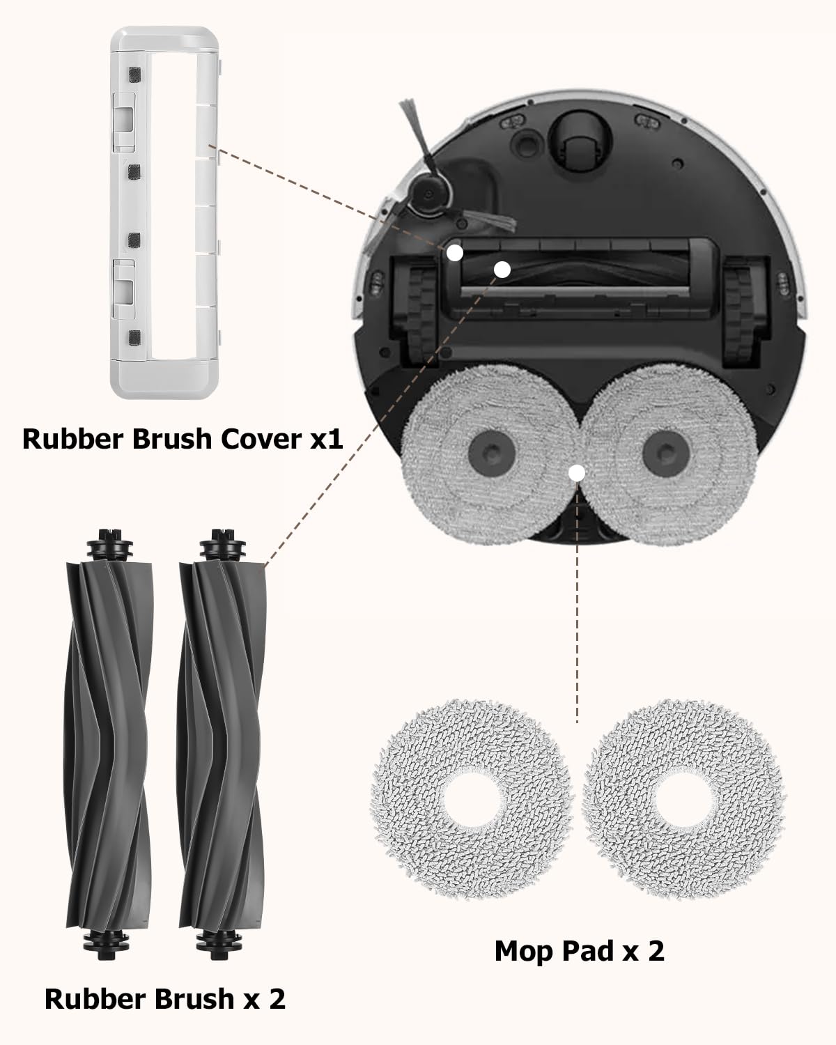 Accesorios Para Dreame X40 Ultra/X40 Master/X30 Ultra/L40 Ultra/L30 Ultra/L20 Ultra/L10s Ultra/L10s Ultra Heat/L10s Ultra Gen 2/Gen 3, 2 Cepillo Principales,2 Paños,1 Cubierta Cepillo De Goma