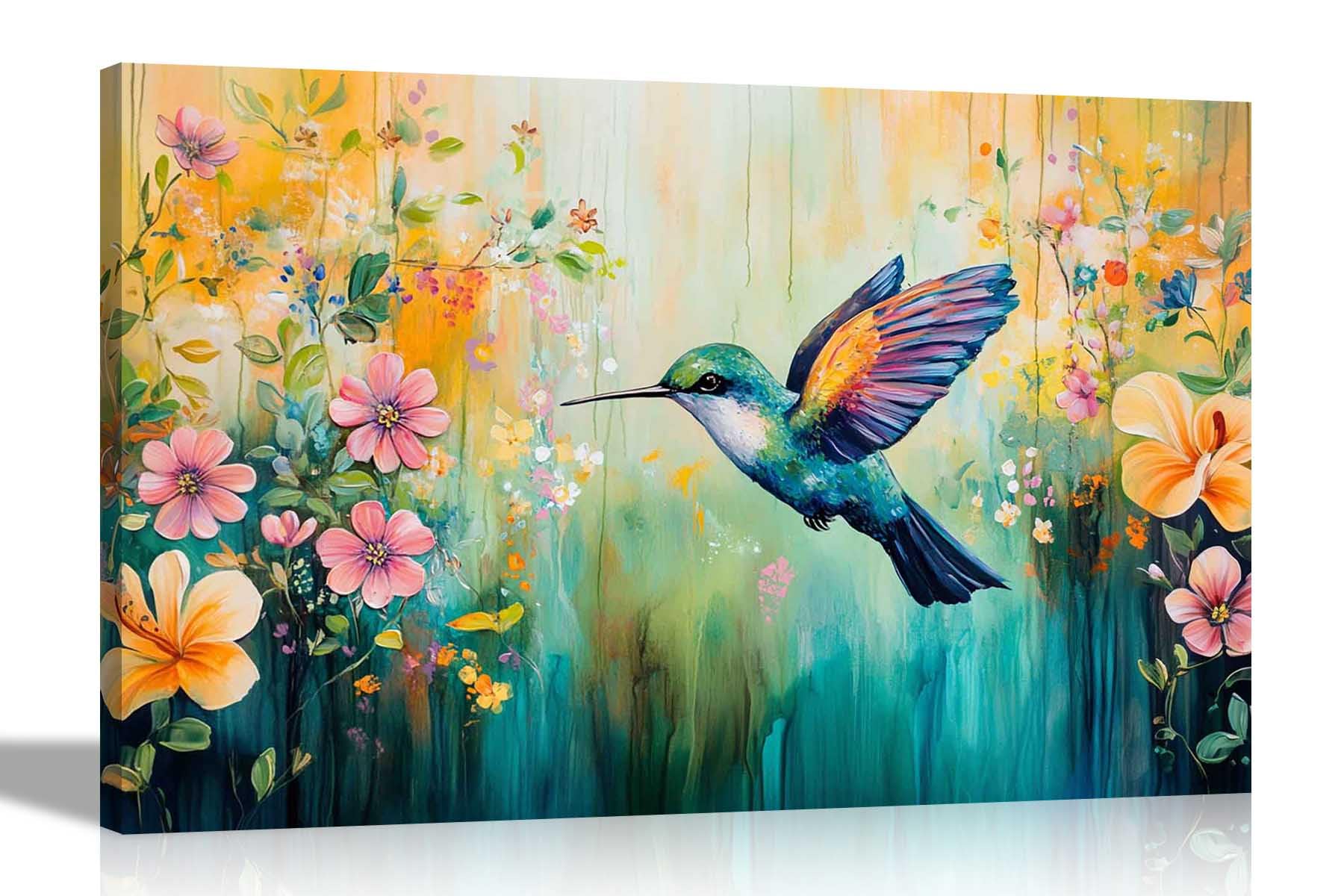 Artley Prints Humming Bird - Abstract Flowers Feeding Hummingbird Colourful Canvas Wall Art For Home Conservatory Gardening Prints Pictures 51 X 35Cm (20 X 14 Inches)