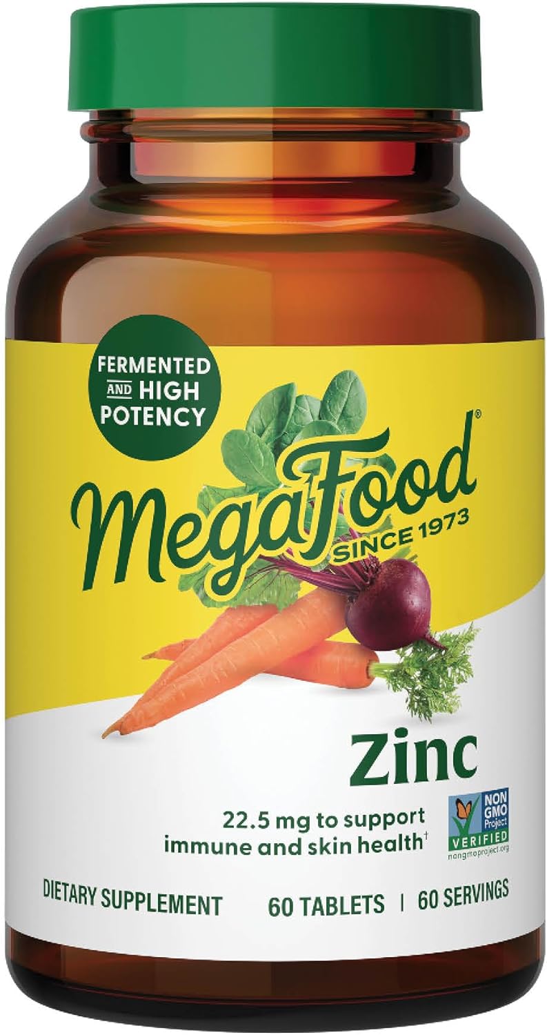 Product image of MegaFood Zinc Supplements - Vegan Immune Support Supplement With 22.5 mg High Potency Fermented Zinc - Made With Real Food - Gluten-Free, Kosher - 60 Tablets, 60 Servings