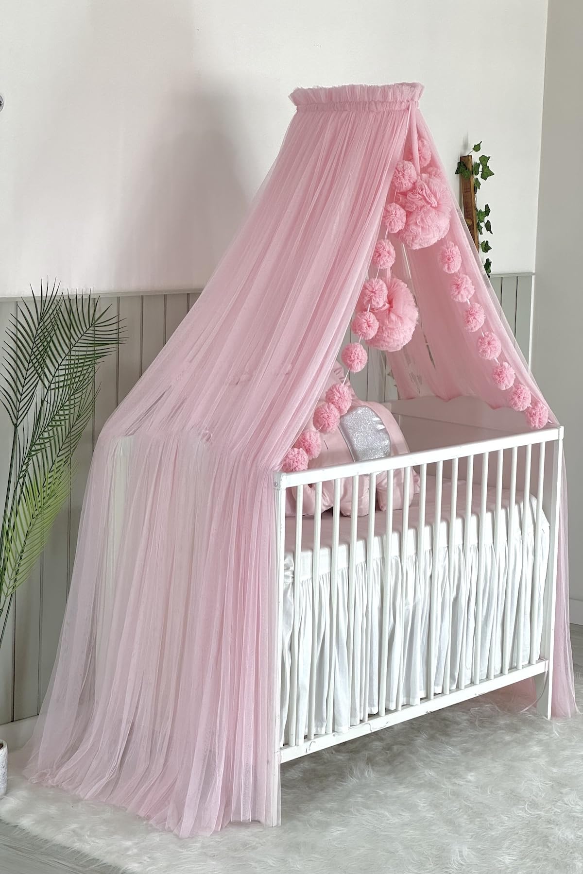 Baldacchino In Tulle Per Culla - Con Pompon, 165 Cm, Design Sognante - Foto 7