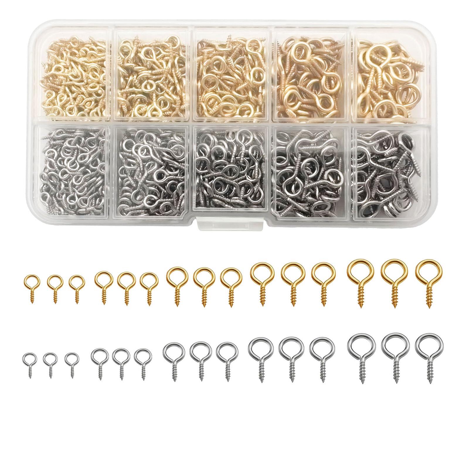 Photo 1 of IDEALSV 1000 Pcs Small Screw Eye Pins,Jewelry Making Eyelet Hooks Kits for Craft, Silver and Gold 5 Sizes (4x8mm,5x10mm,6x12mm,7x14mm,8x16mm)