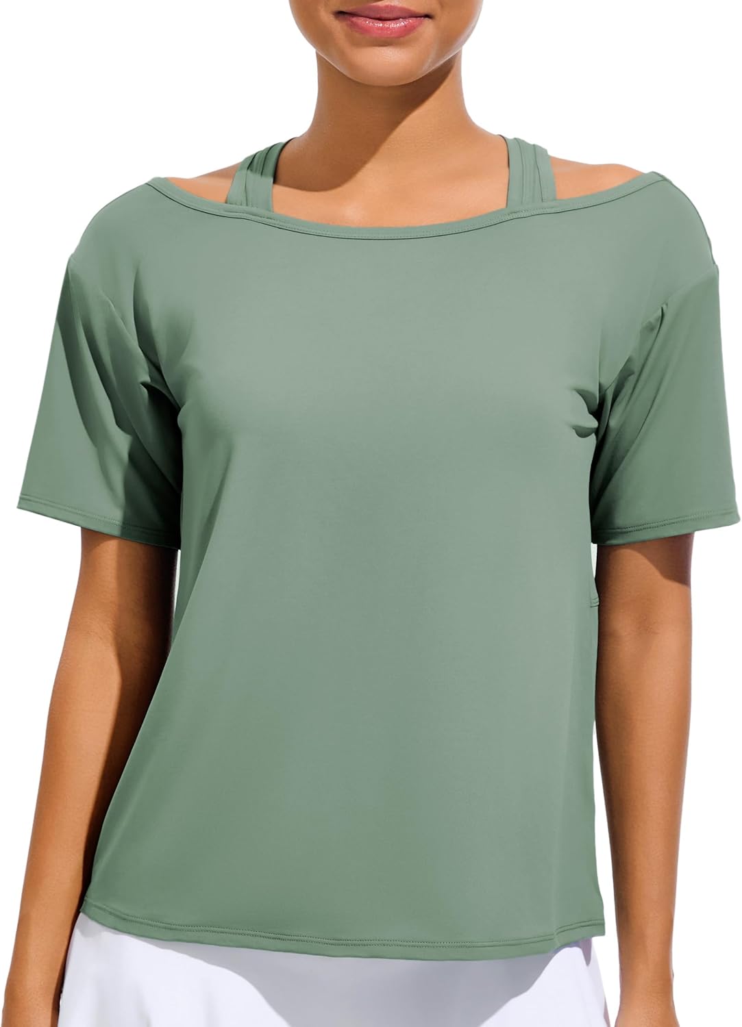 JOYSPELS Ice Silk Women’s Short Sleeve Workout Shirts Quick Dry Cold Shoulder Loose Fit Athletic Running Tee Tops