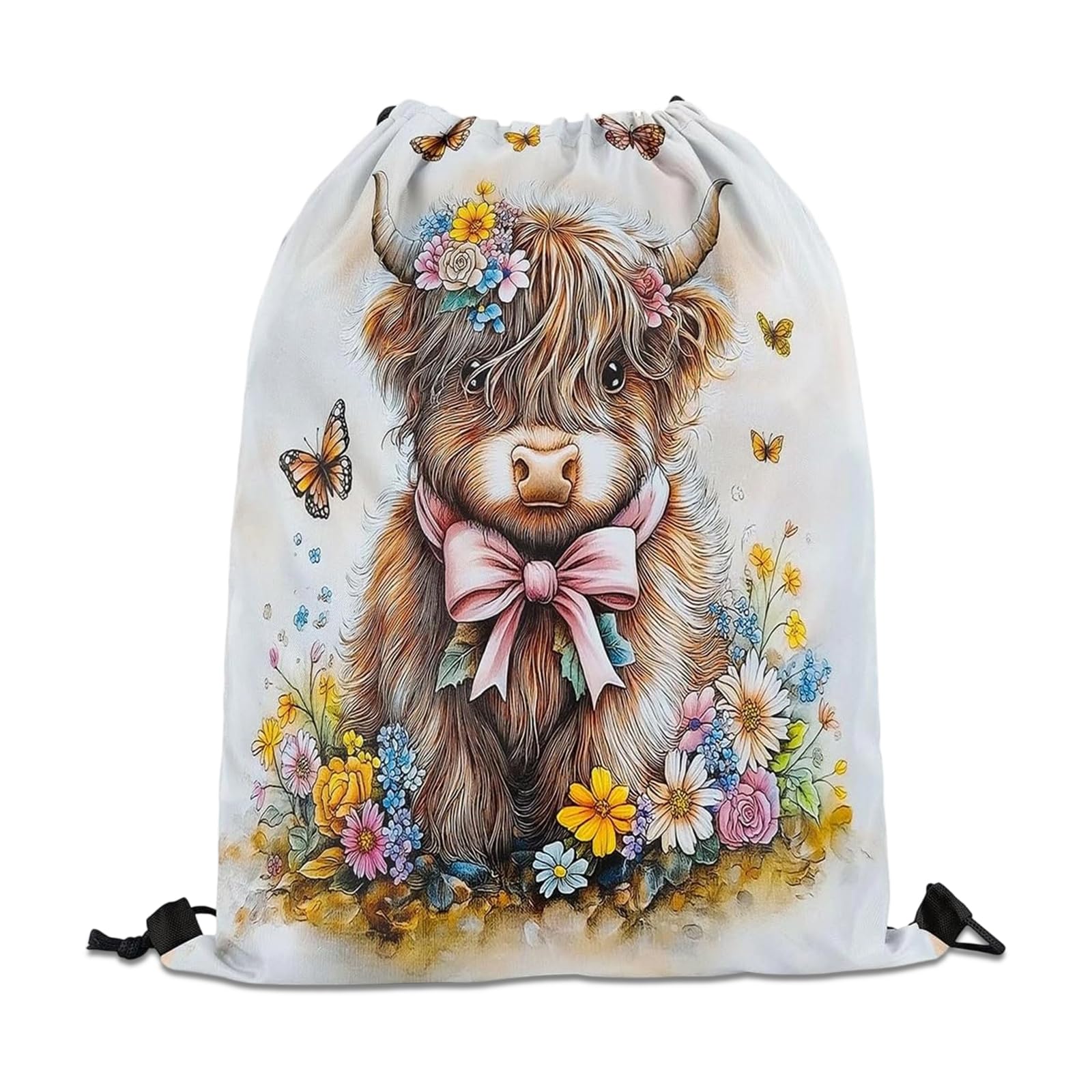 Highland Cow Bow Drawstring Bags, Cute Waterproof Gym Bag, Polyester School PE Bag, Highland Cow Gifts, Portable for Storage, Sports, Travel, for Students, 45x36cm