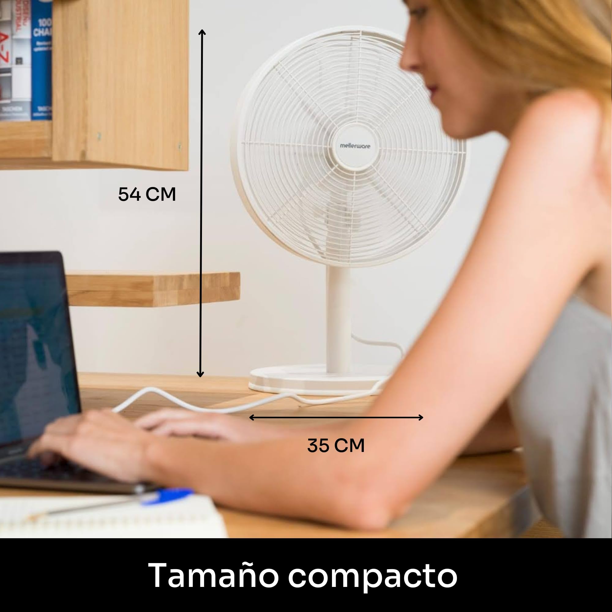 Mellerware Ventilador de Sobremesa Brizy Circle | 35W de Potencia | Oscilante | 3 Velocidades | 5 aspas metálicas 30 cm Diámetro | Aluminio | Caudal de aire fresco | Fácil transporte | Blanco