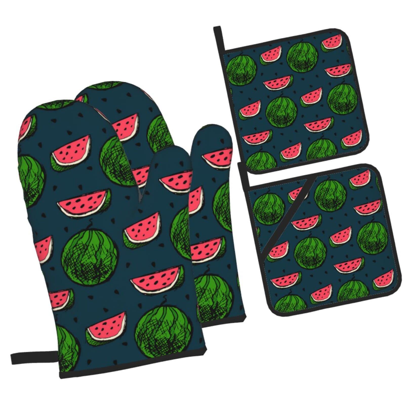 Watermelon Sketch Pattern Oven Mitts and Pot Holders Sets, Christmas Oven Mitt Kitchen Heat Resistant Non-Slip Pot Holders Set for Cooking Baking BBQ