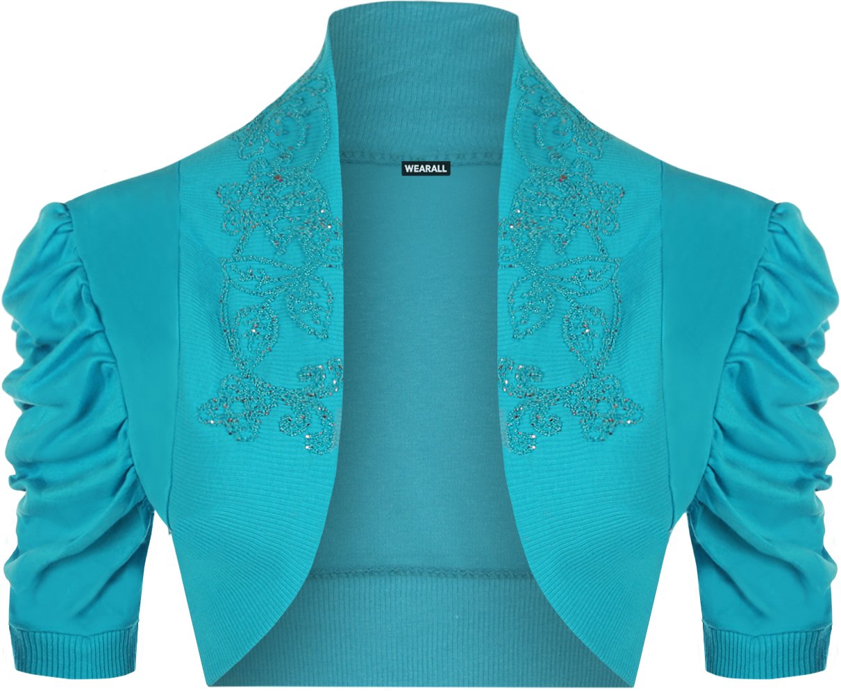 Wearall Women's Turquoise Ruched Shrug Beaded Design Short Sleeve Bolero Cardigan Top 10/12