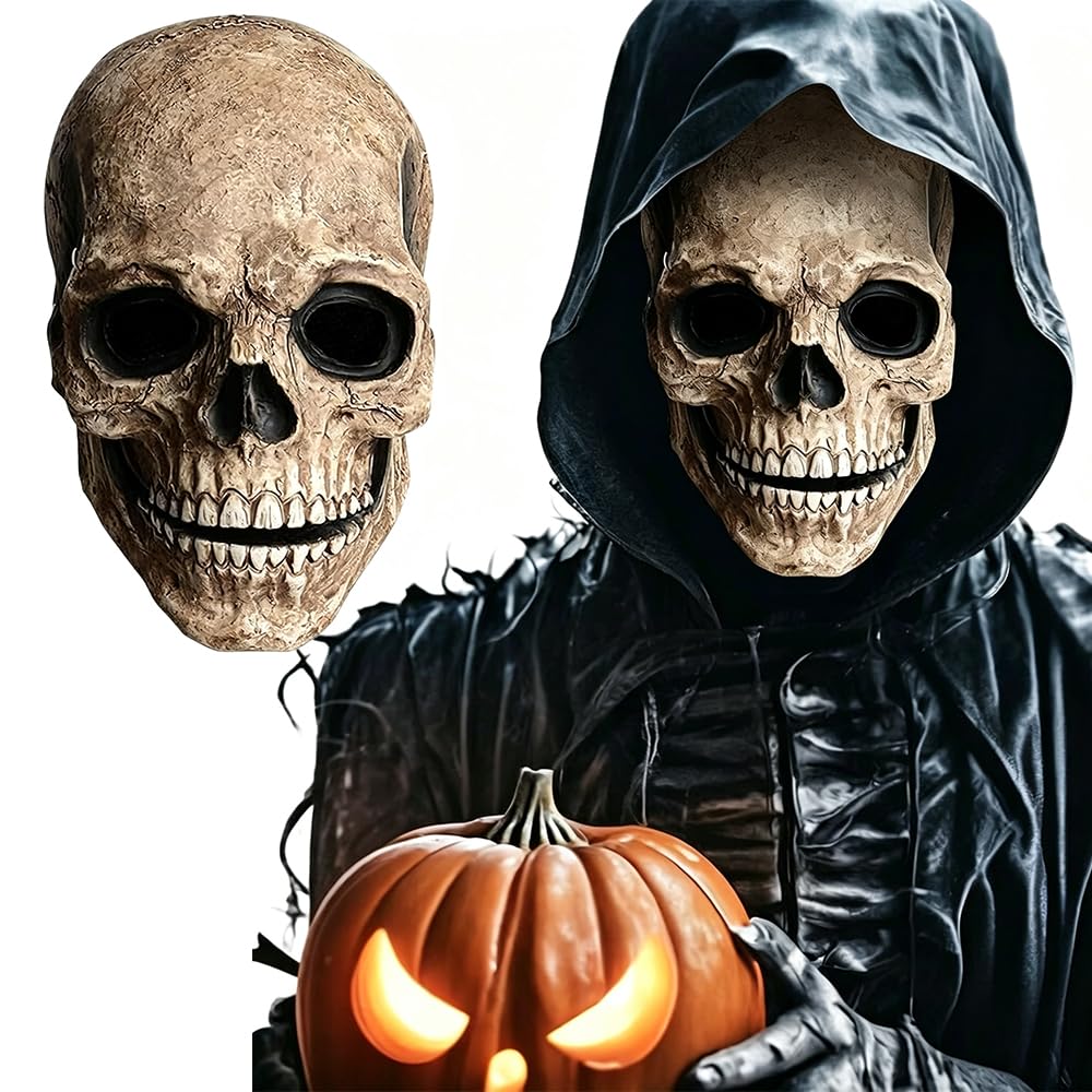 Oimaik Halloween Masks for Adults, Creepy Full Head Skull Mask With Moving Jaw, Natural Latex Realistic Skeleton Mask for Cosplay, Halloween Party, Props, Scary Skeleton Headgear