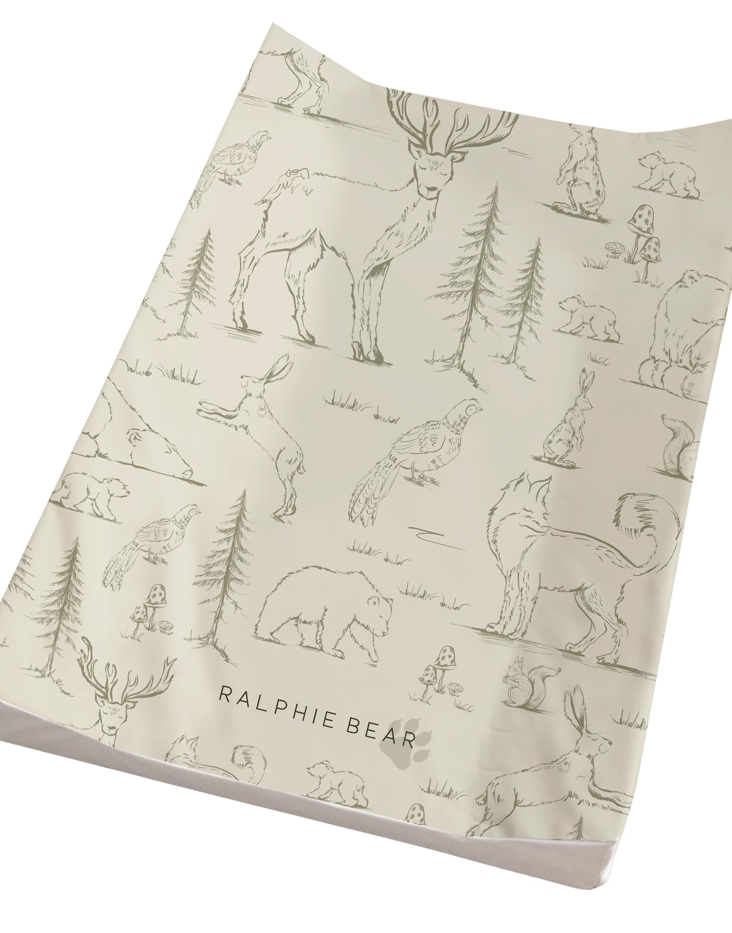 Ralphie Bear Baby Changing Mat, Premium Anti-Roll, Raised Edge Wedge, Neutral Beige Woodland Animals Print, 70x45cm
