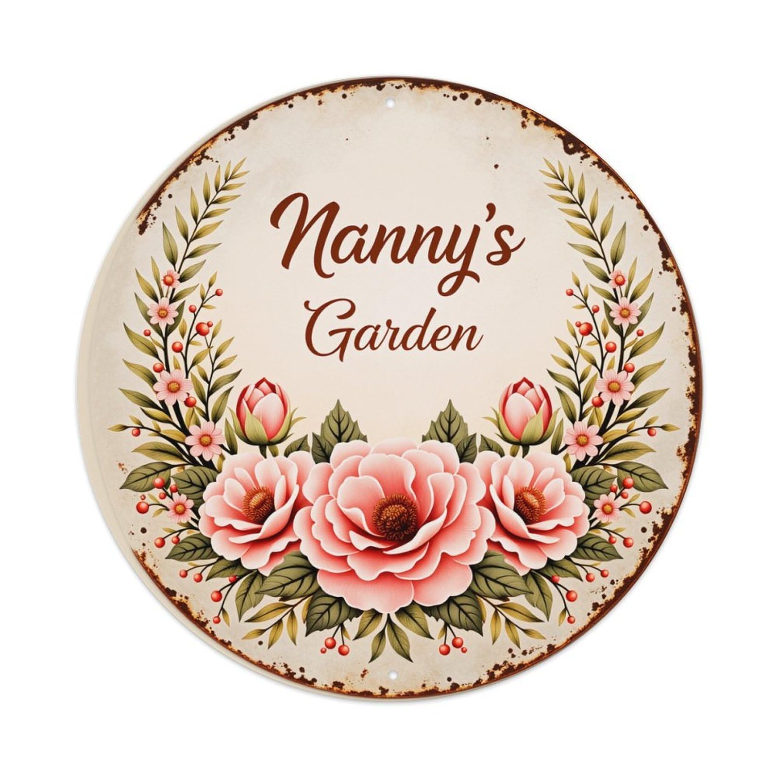 Floral Wreath Pink Roses Leaves Round Tin Sign Vintage Style Metal Sign Home Bar Garden Wall Plaque Decor Metal Poster 8x8 Inch