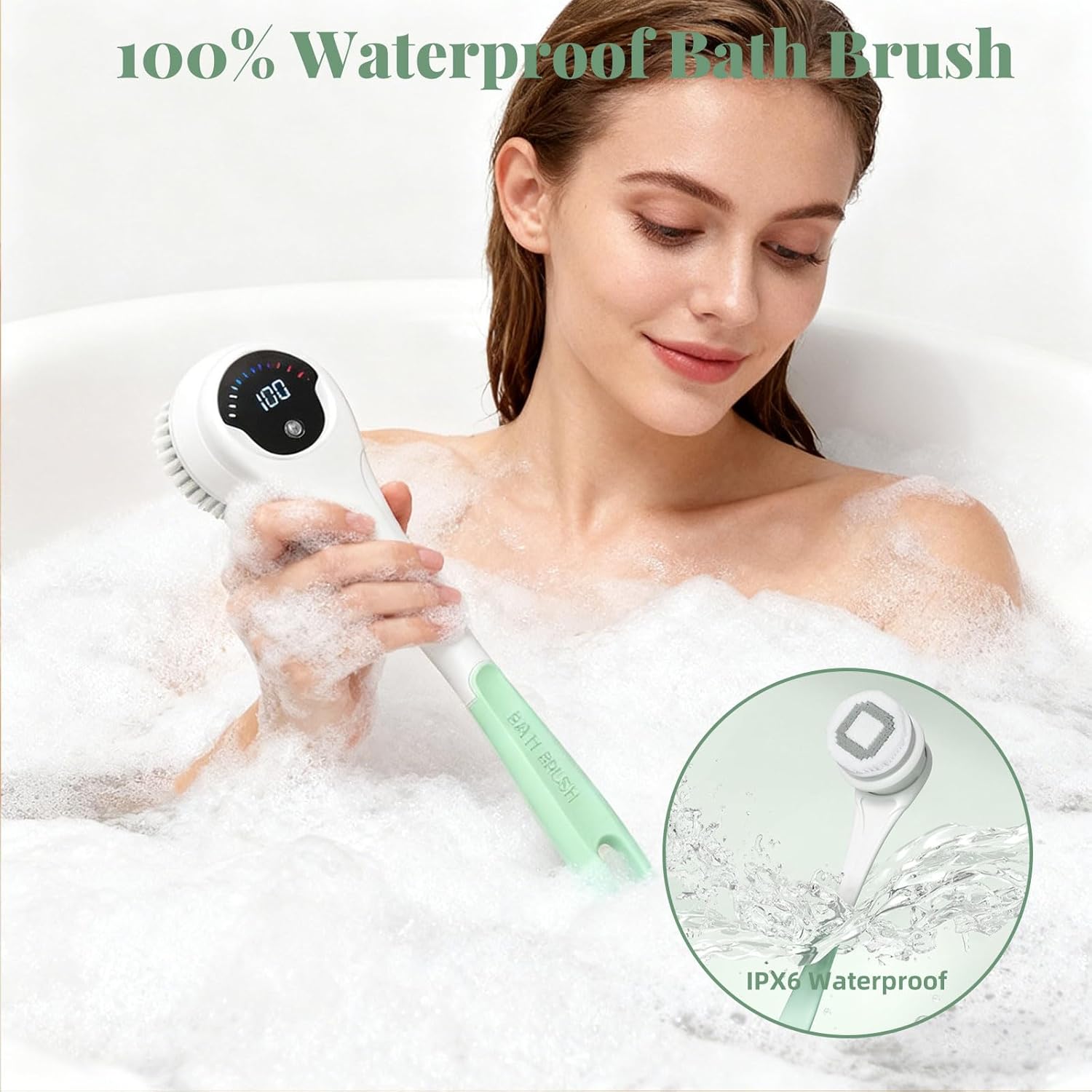 Electric Body Brush, 5 in 1 Cordless Rechargeable Bath Brush, 3 Speed Silicone Body Scrubber, LCD Display Detachable Rotating Body Brushes, Waterproof Back Brushes for Clean Exfoliate Massage (Green)