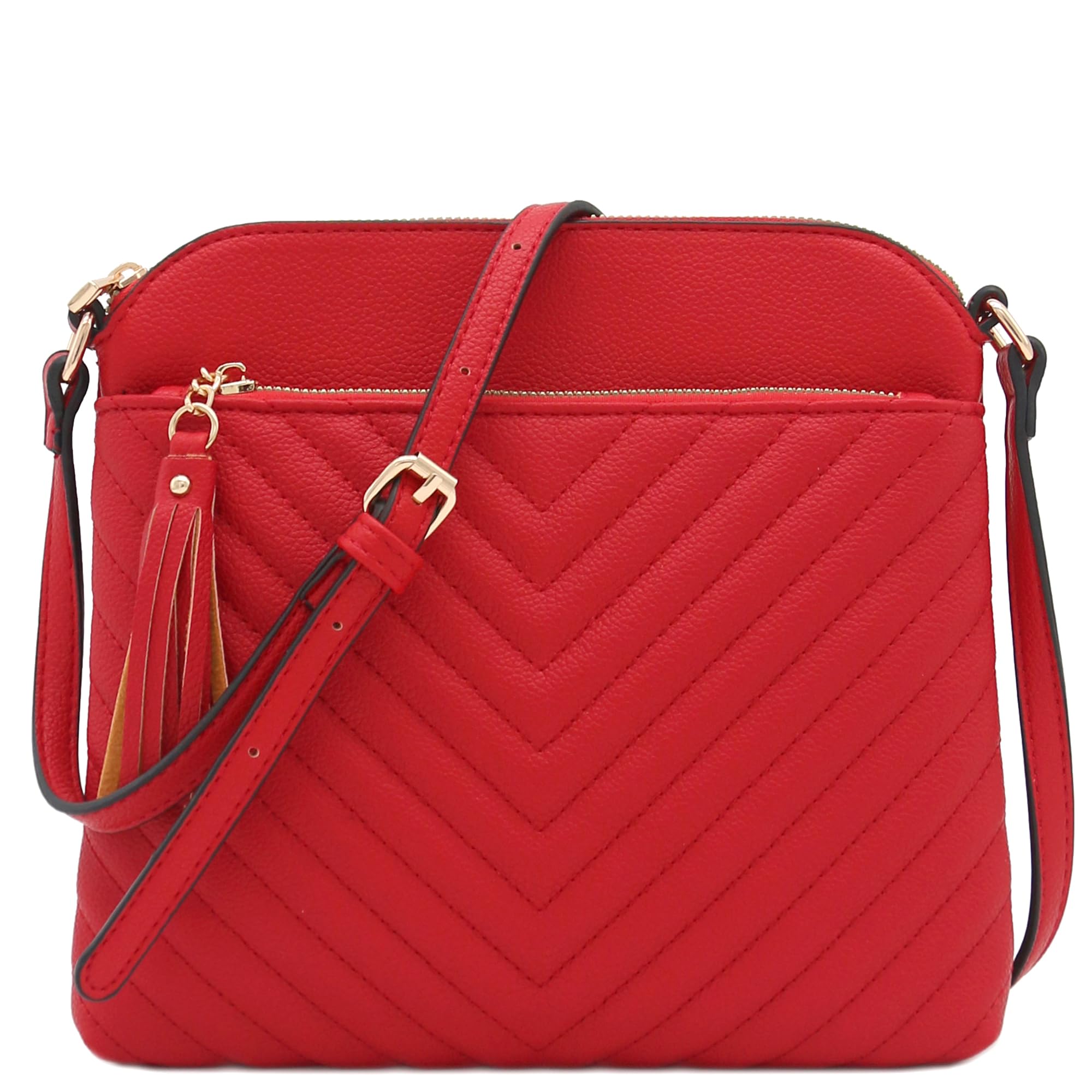 Chevron Quilted Medium Crossbody Bag with Tassel Accent, Red, One Size