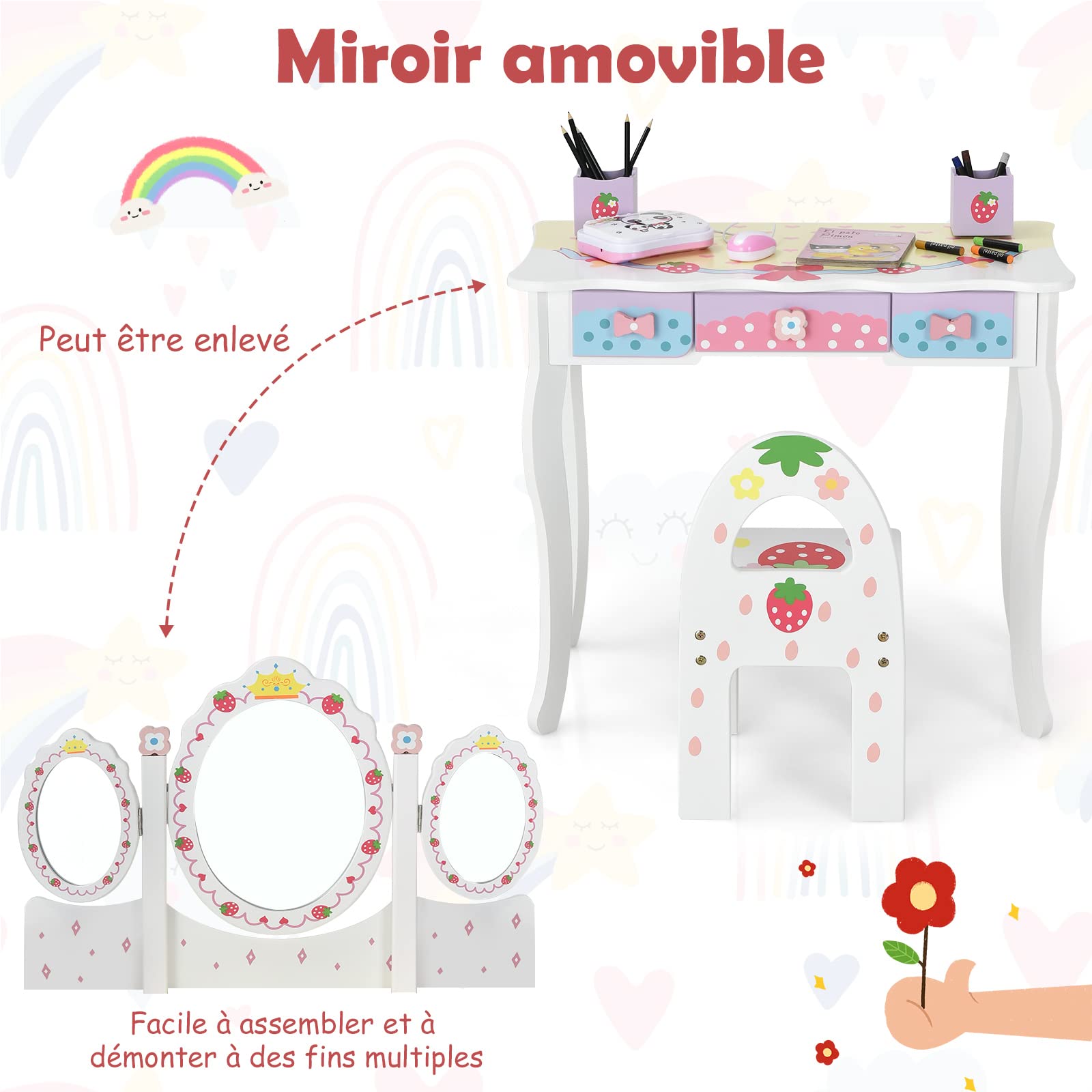 COSTWAY Coiffeuse pour Enfants de 3+ Ans, Ensemble Coiffeuse et Chaise avec Miroir Pliable à Trois Volets, 3 Tiroirs et 2 Boîte de Rangement, 70 x 34 x 105 cm, Rose…