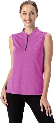 Miniatura 2 de YSENTO Ropa de golf para mujer, camisetas sin mangas, con cremallera de 14, sin cuello, ajuste seco, UPF 50+, camiseta polo de tenis