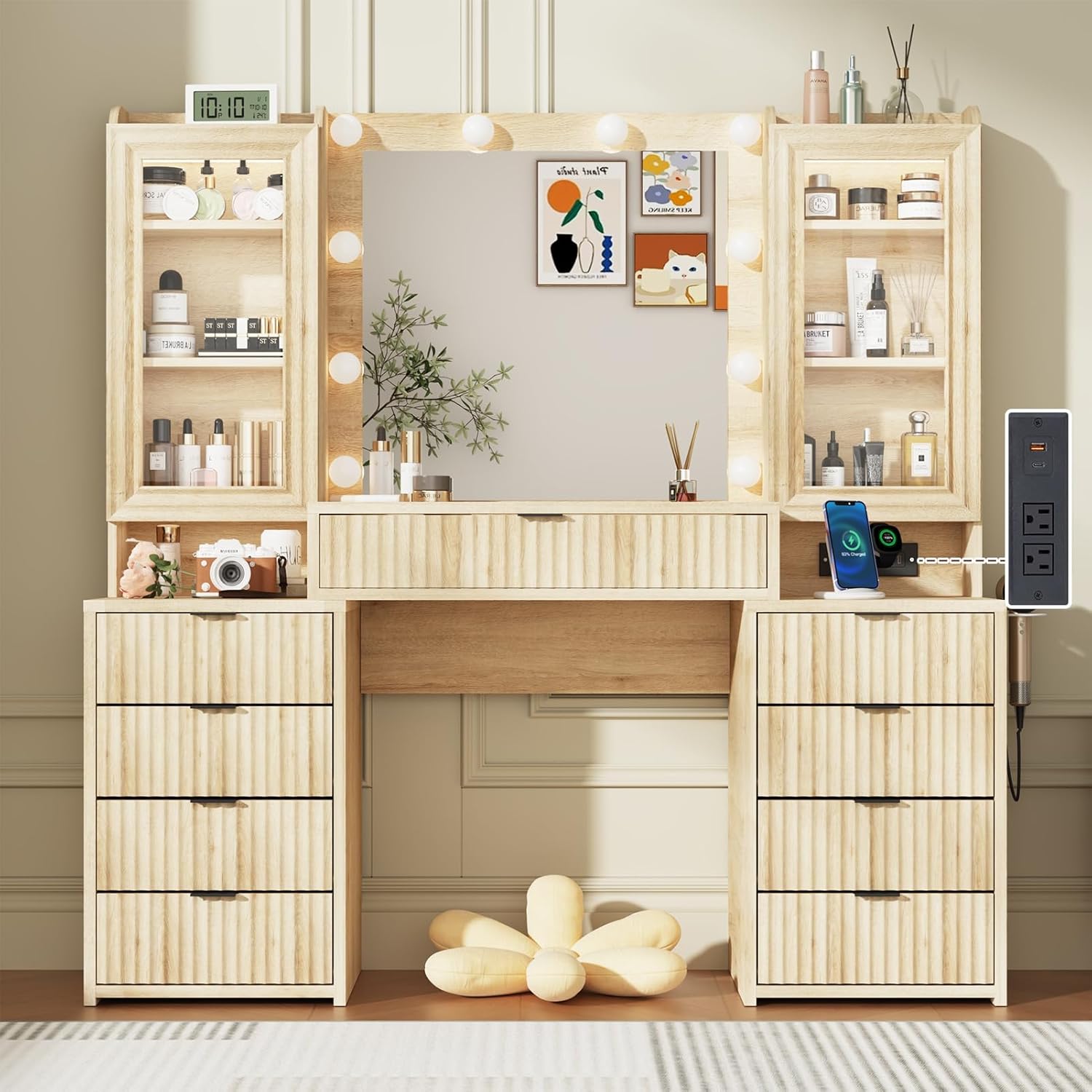 55" Fluted Makeup Vanity Desk with Large Mirror and Lights, Modern Glass Top Big Vanity Table with 9 Drawers & Open Storage Shelves, Dressing Table w/Charging Station for Bedroom, Oak