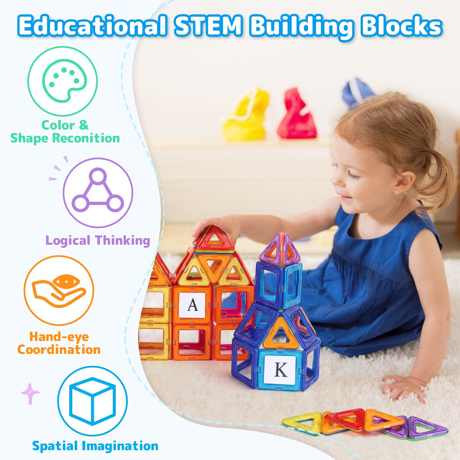 ECHOCUBE Magnetic Building Blocks Set 70PCS, Educational Magnet Tiles with Bright Color - Image 2