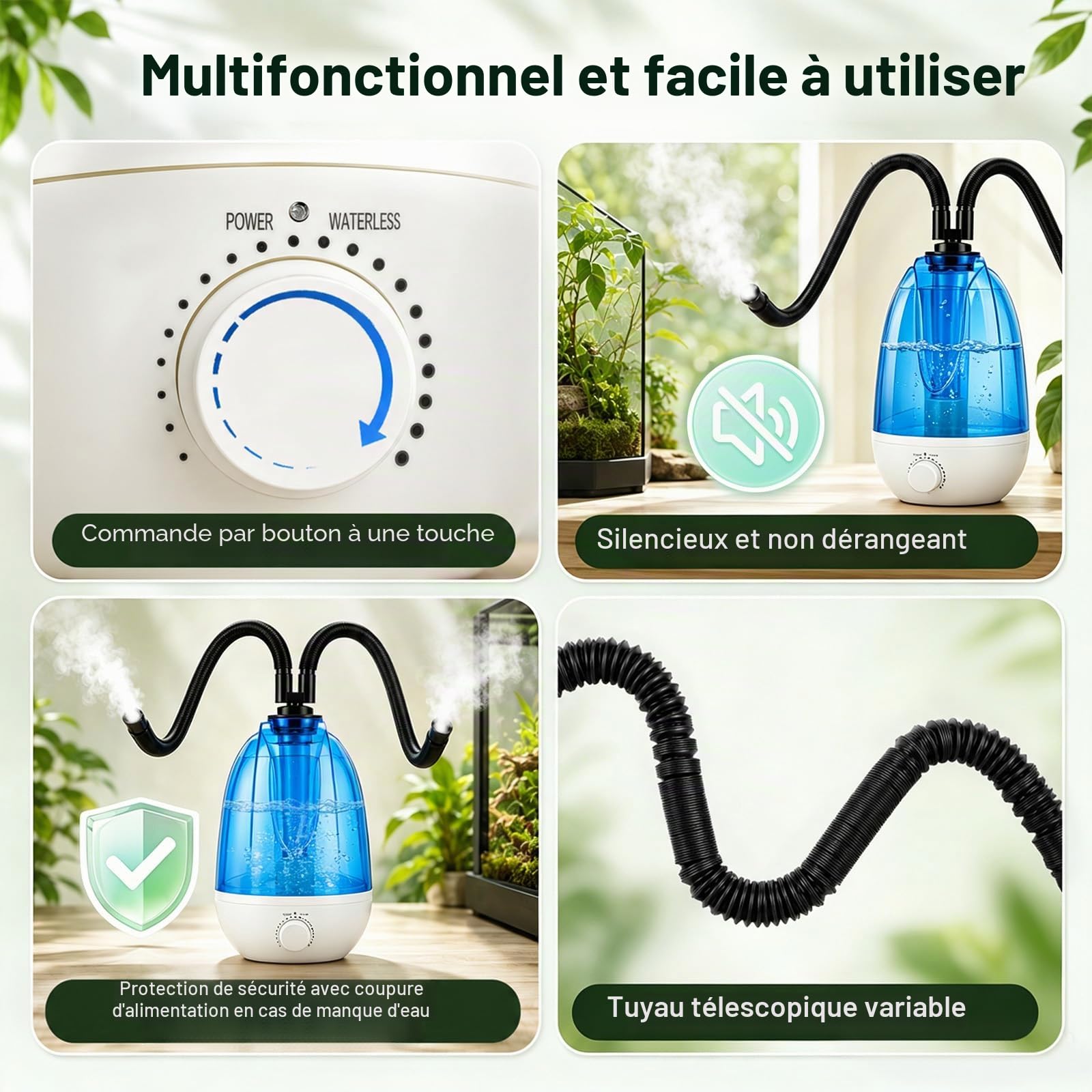 Brumisateur Terrarium 4L, Système de Brumisation 300mL/h avec Tuyau Réglable, 7 Couleurs de Veilleuse, Protection Anti-fonctionnement à Sec, Ultrasonique Humidificateur pour Reptiles Double Buse