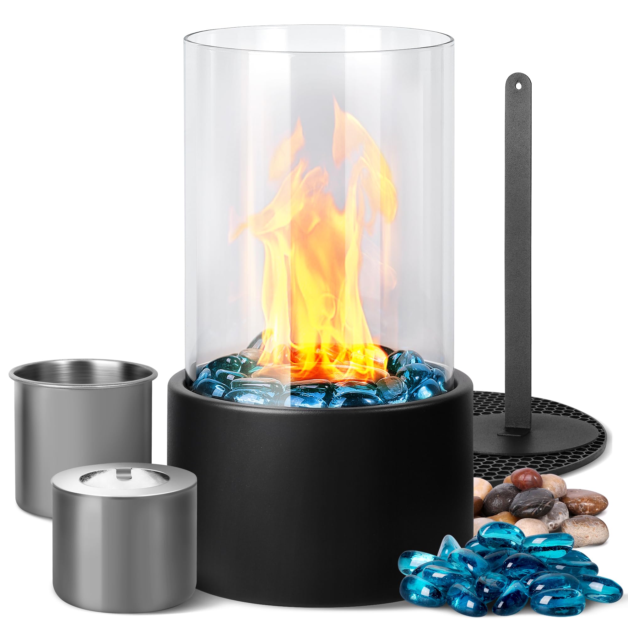 Eufrozy Tabletop Fireplace Bioethanol Fire - 90min Long Burn Time Smokeless Portable Table Top Firepit, with Windproof Glass Decor Stone, for Indoor Outdoor Home Living Room Balcony Party