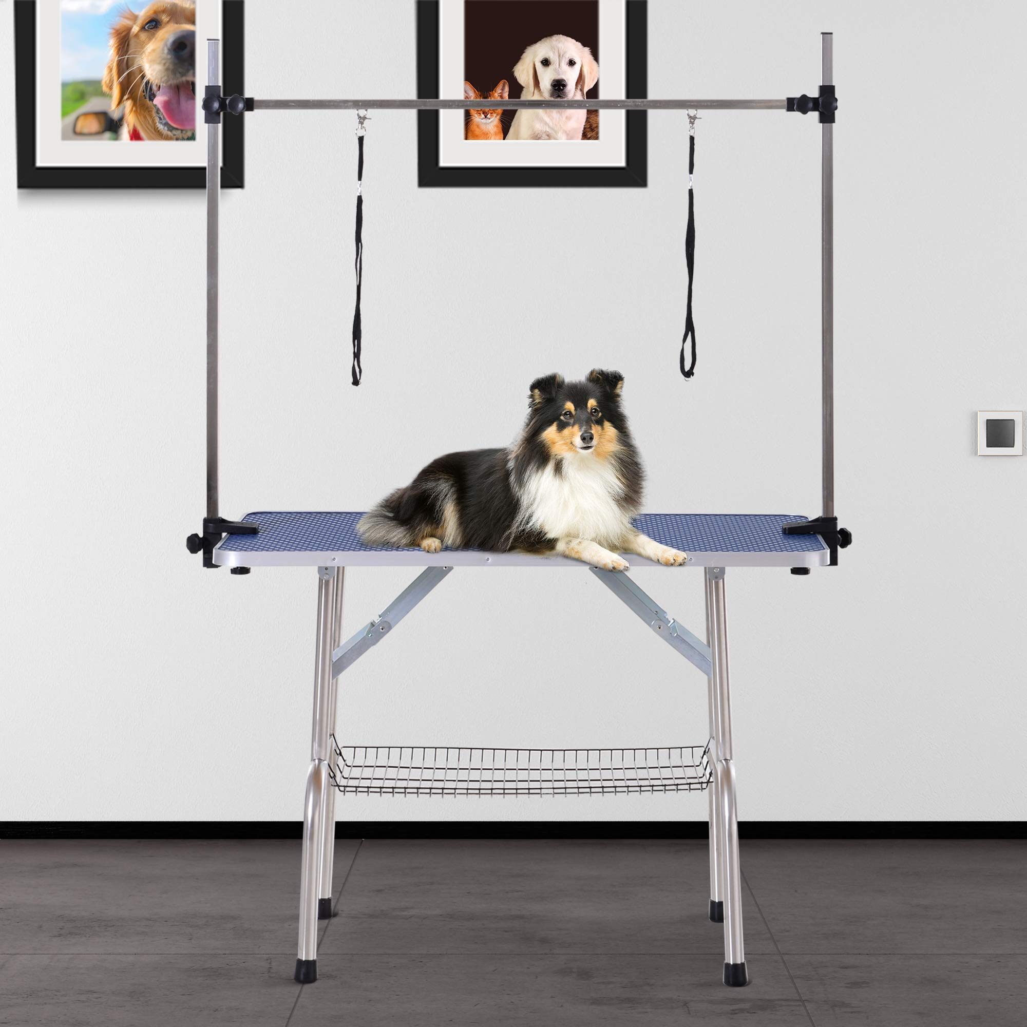 PawHut Mesa de Peluquería Canina Plegable, Mesa de Aseo con Cesta de Rejilla Metálica, Encimera Antideslizante, Barra de Acero Inoxidable Ajustable, para Perros, Gatos, 107x60x164 cm, Azul