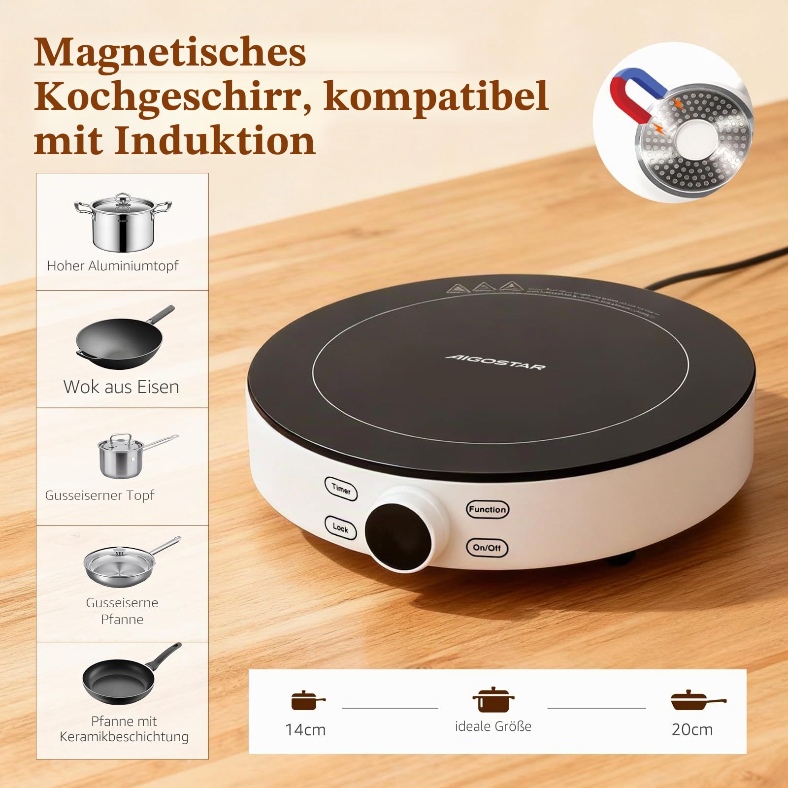 Aigostar Induktionskochplatte 2000W Glaskeramik Digitalanzeige Sensor Touch Timer