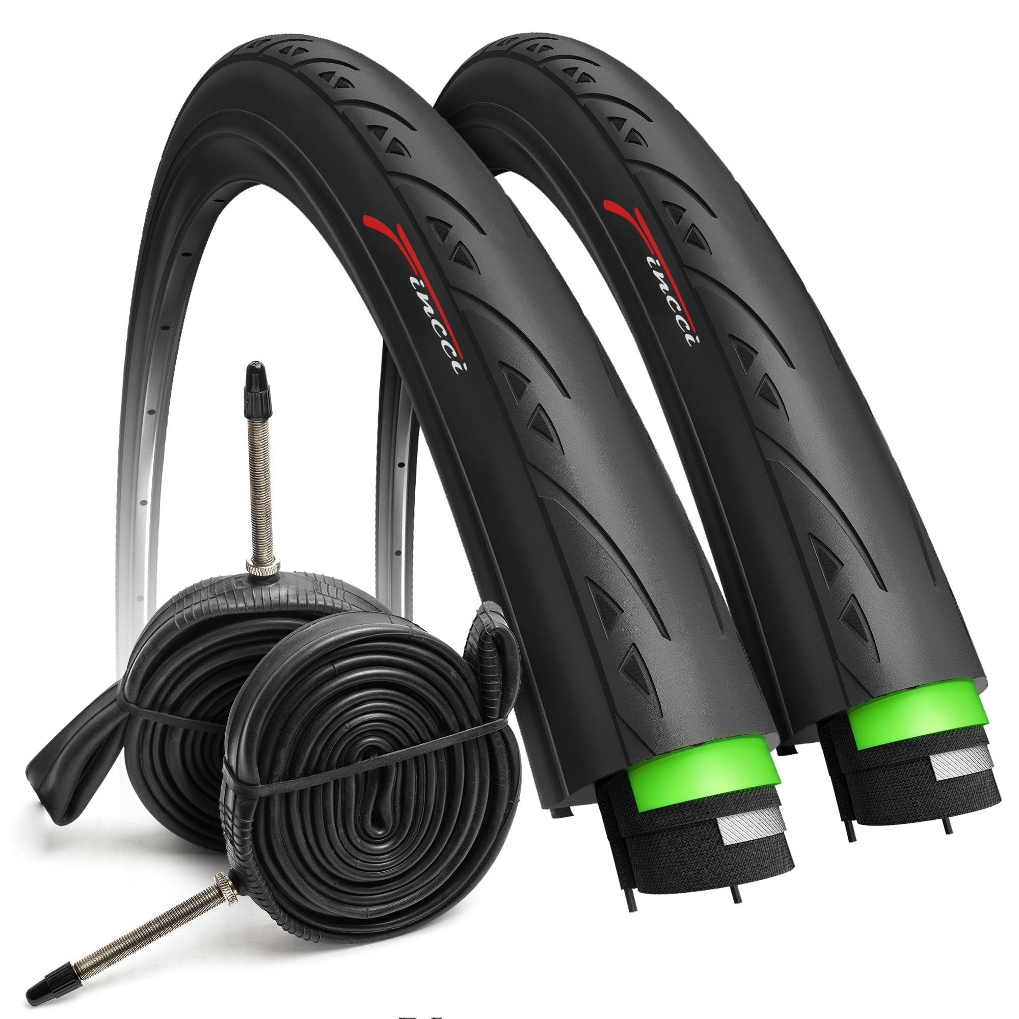 Fincci Set Road Bike Tyres 700 x 25c - Black Racing 25-622 60TPI 700c Tyres - Turbo Trainer 700x25c Tyre 3 mm Nylon Protection with Presta Valve Inner Tubes 60mm for Cycle Race Bicycle