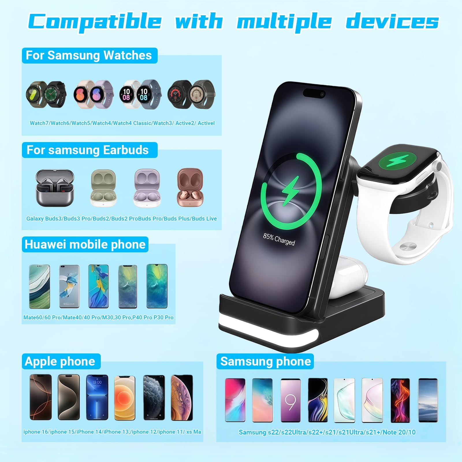 Cargador Inalámbrico Plegable para Samsung 3 en 1, Estación de Carga para Galaxy S25/S24/S23/S22, Watch 7/6/5/4/3,Soporte para Reloj, 15 W, Negro