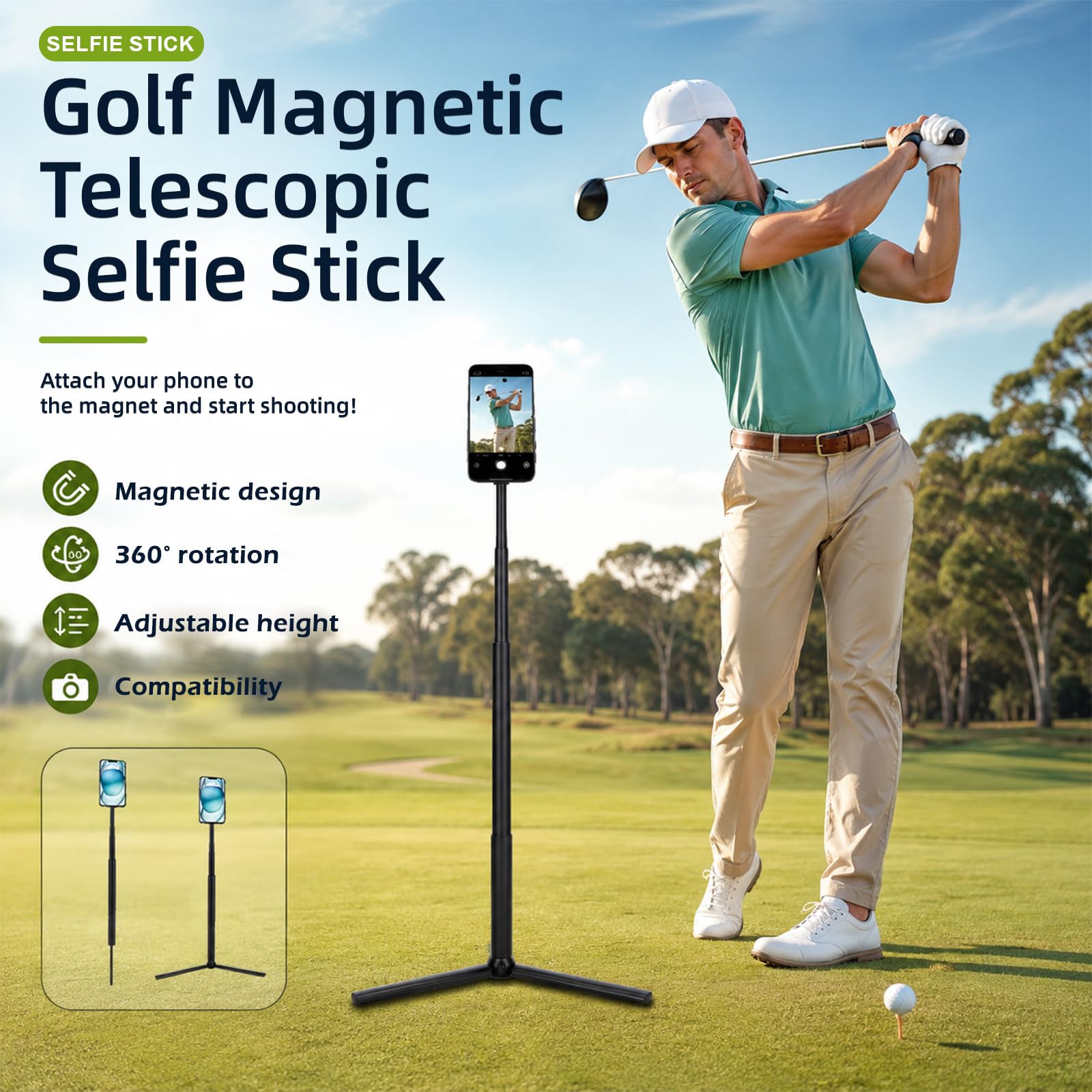 Trípode para teléfono de golf, palo magnético para selfie de 18-54 pulgadas con pincho | Soporte para teléfono móvil de golf, monopié de golf con pincho, soporte ajustable para teléfono de golf