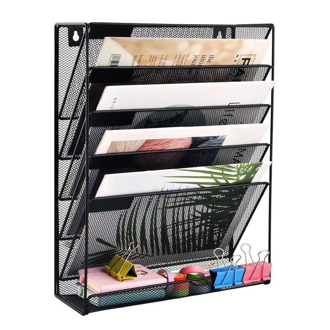 Menmamenma Metal 5 Tier A4 Wall Mounted Document Holder,Hanging Wall File Organiser,Pigeon Holes Storage,Wall Pocket,Filing Tray,Magazine Rack for Office & Home,Black