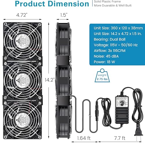 Miniatura 6 de GDSTIME Ventilador de computadora de 0.118 x 4.724 in con enchufe de CA, controlador de velocidad variable de 110 V a 240 V, ventilador de rack de