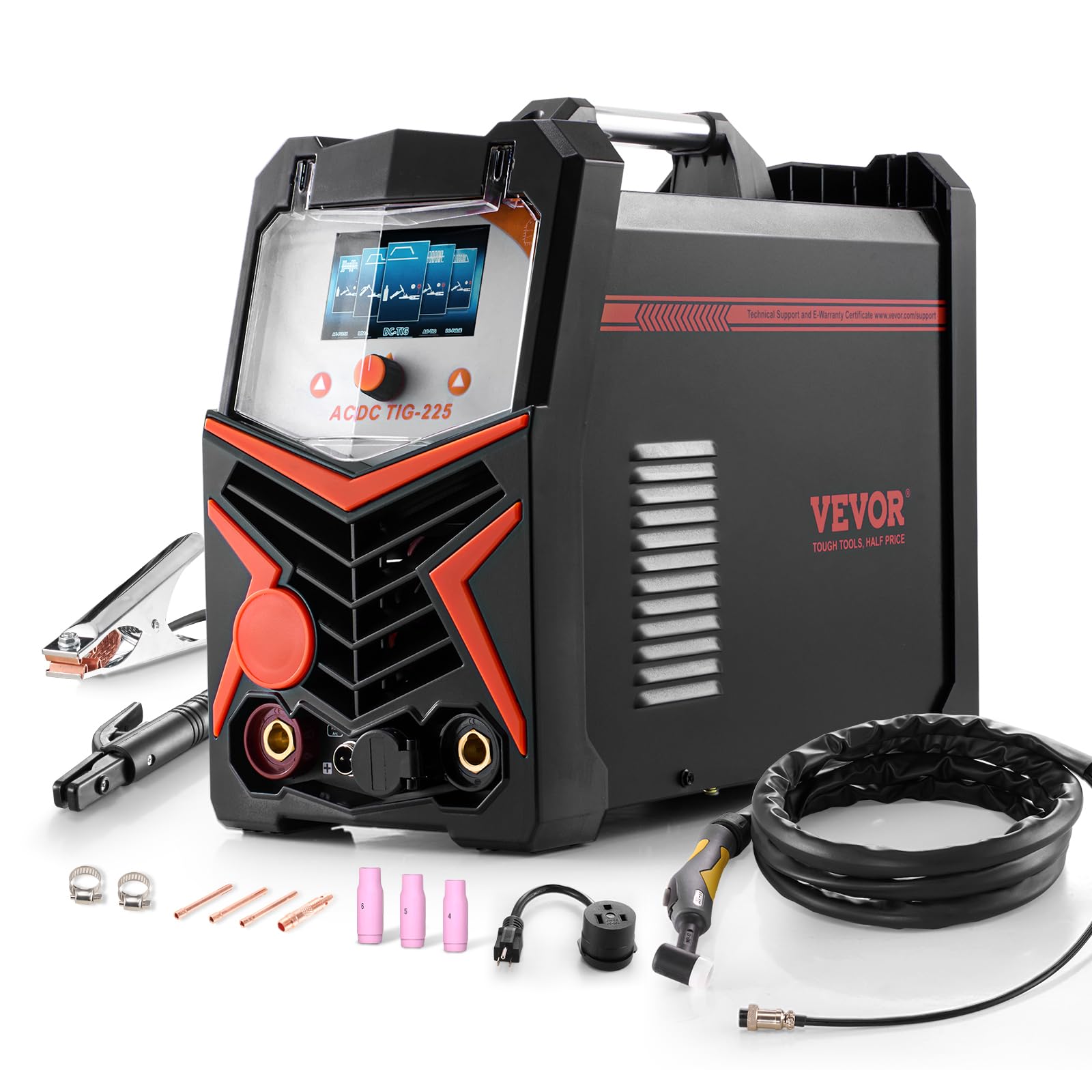 VEVOR TIG Welder, 225A 6-In-1 Aluminum Welding Machine (Large LED Display)- AC TIG/DC TIG/AC Pulse TIG/DC Pulse TIG/Spot TIG/MMA(Stick), 110&220V Dual